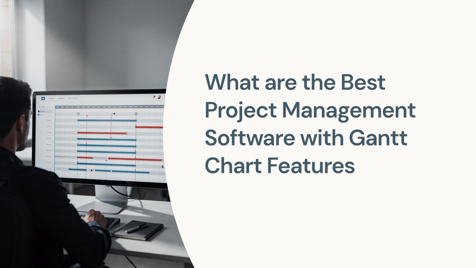 Professional desktop displaying a detailed Gantt chart with blue timeline bars representing project management tasks and milestones