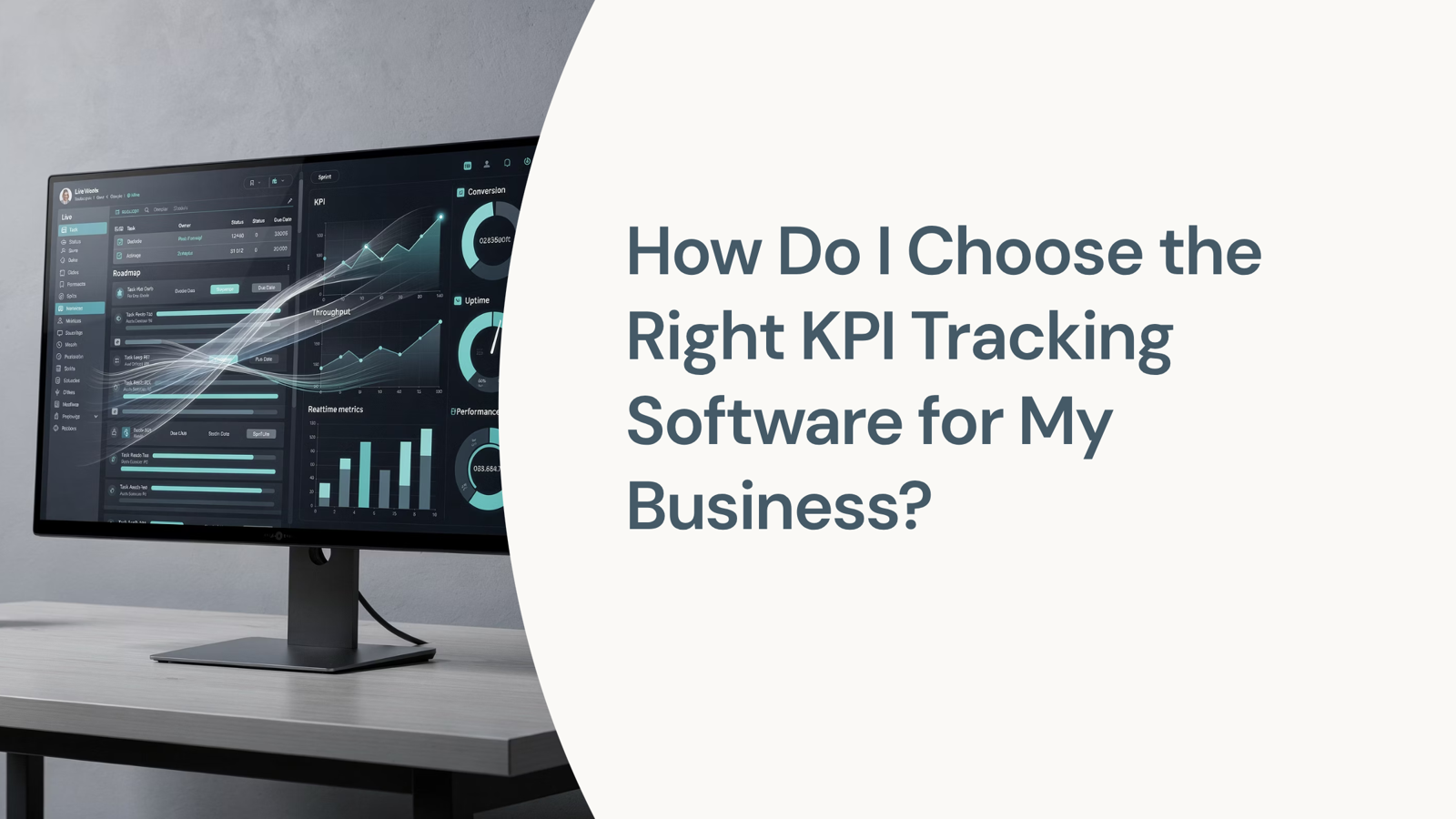Modern KPI tracking software dashboard on professional office desk with data visualizations