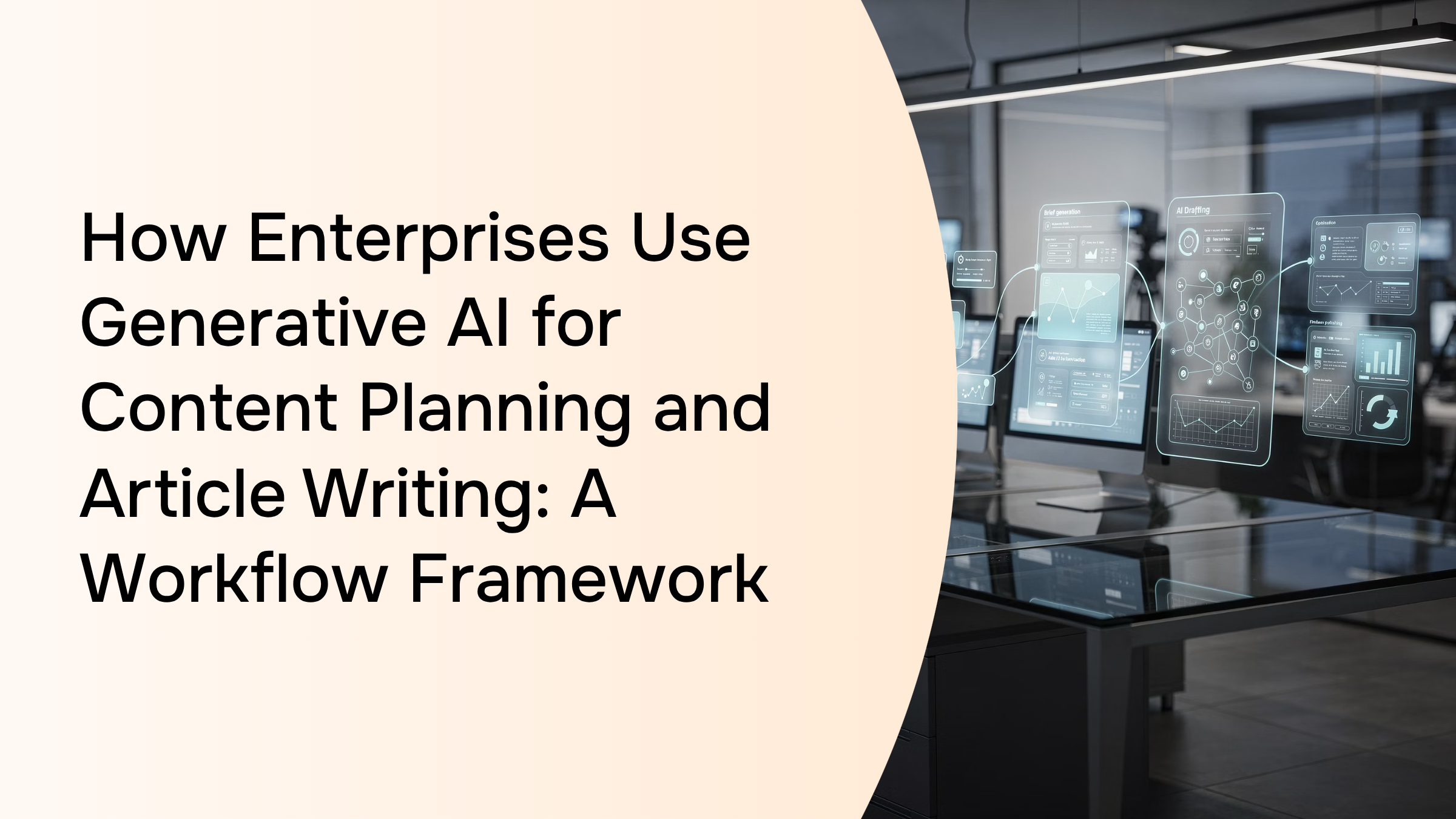 Modern workspace with AI workflow diagram on monitor, representing enterprise content planning and generative AI automation