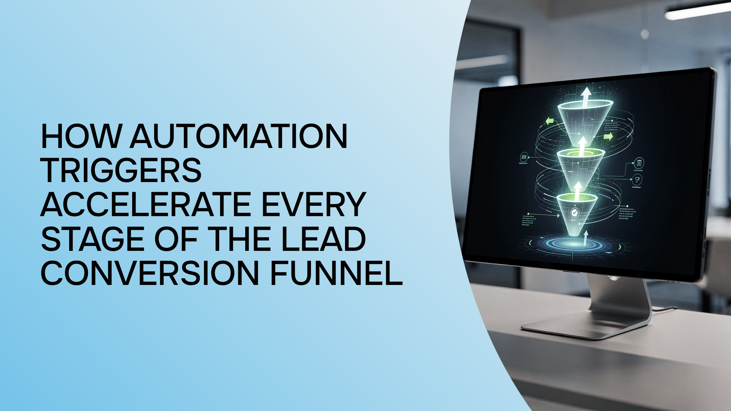 Modern 3D visualization of automated lead conversion funnel with flowing stages and glowing data pathways