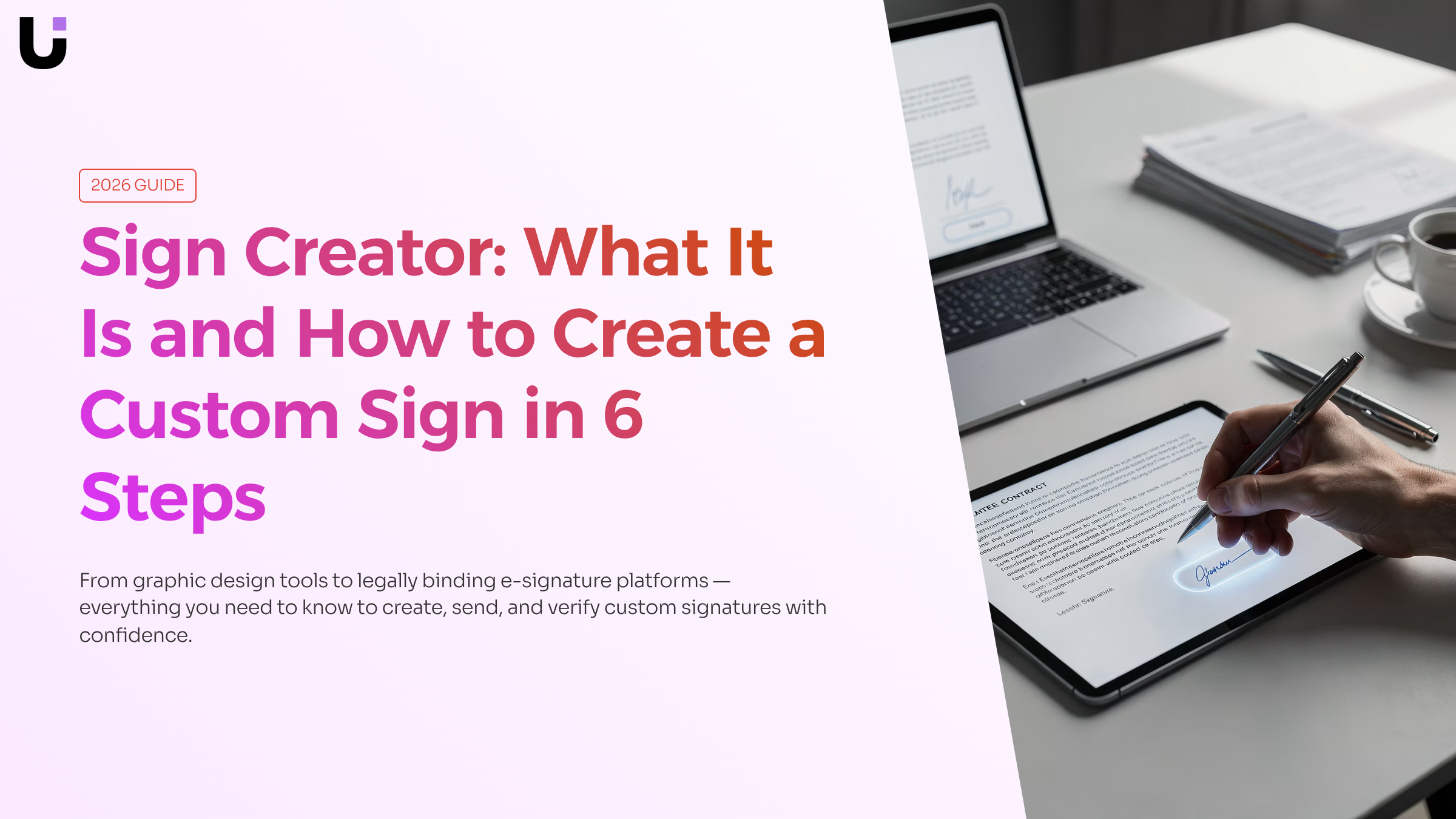 Professional sign creator workspace with digital design interface and custom sign mockup on modern desk