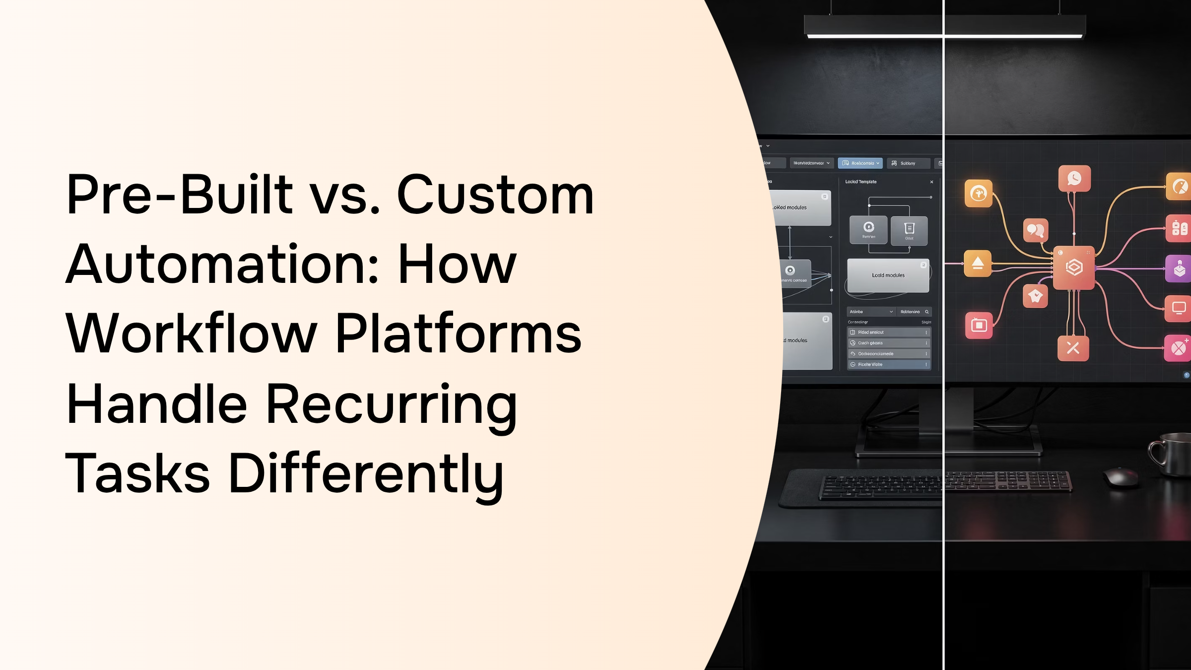Split-screen workflow automation visualization: pre-built templates vs. custom automation design in modern 3D render