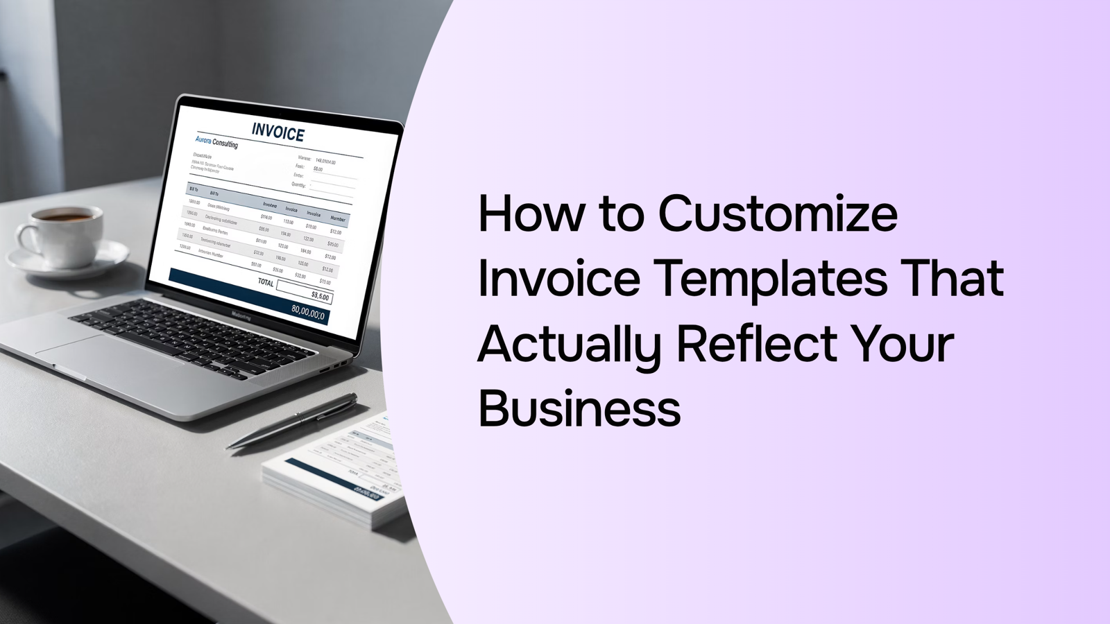 Professional workspace showing customizable invoice template on laptop with design tools and matching stationery