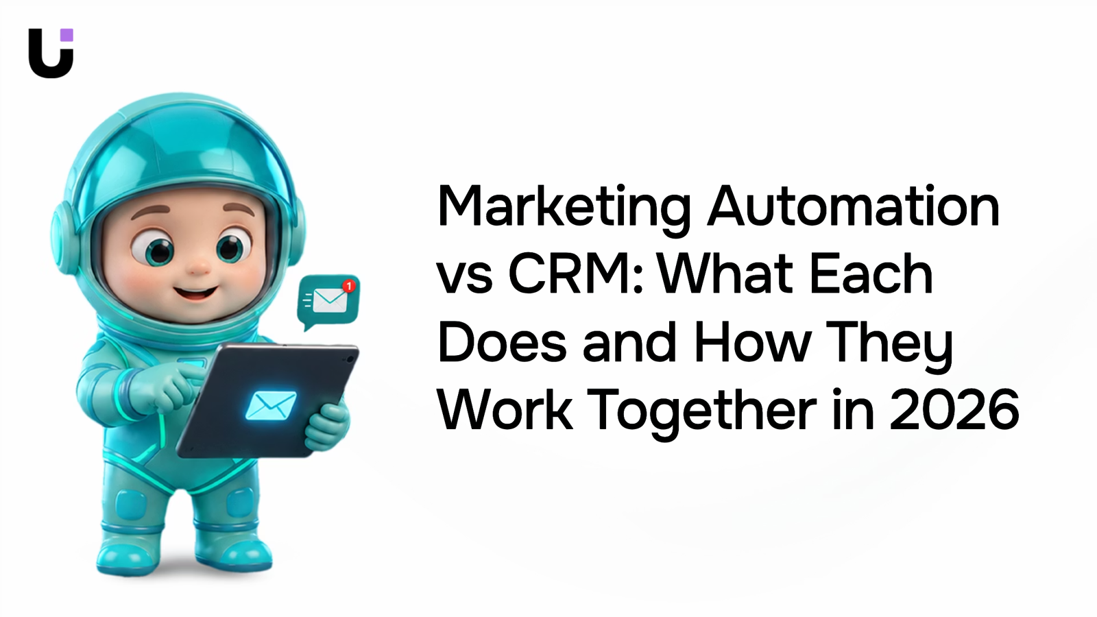 Split-screen 3D visualization of marketing automation and CRM systems merging together in blue and silver tones