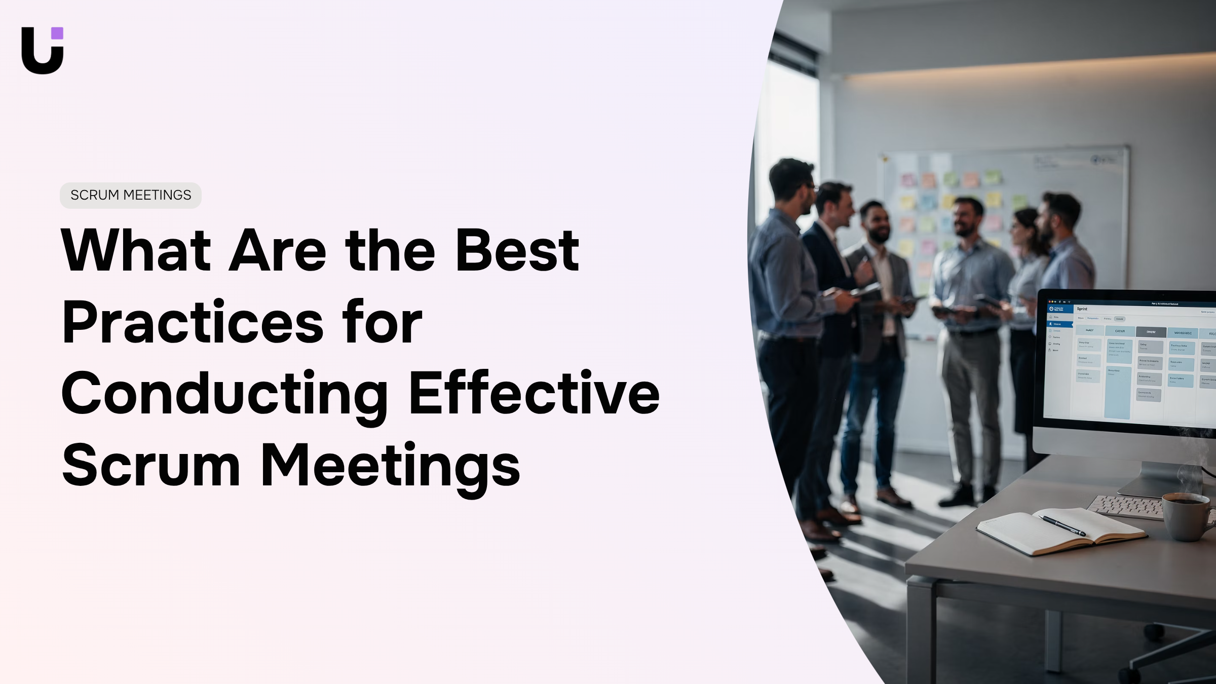 Professional team conducting effective scrum meeting at modern conference table with organized materials and natural lighting