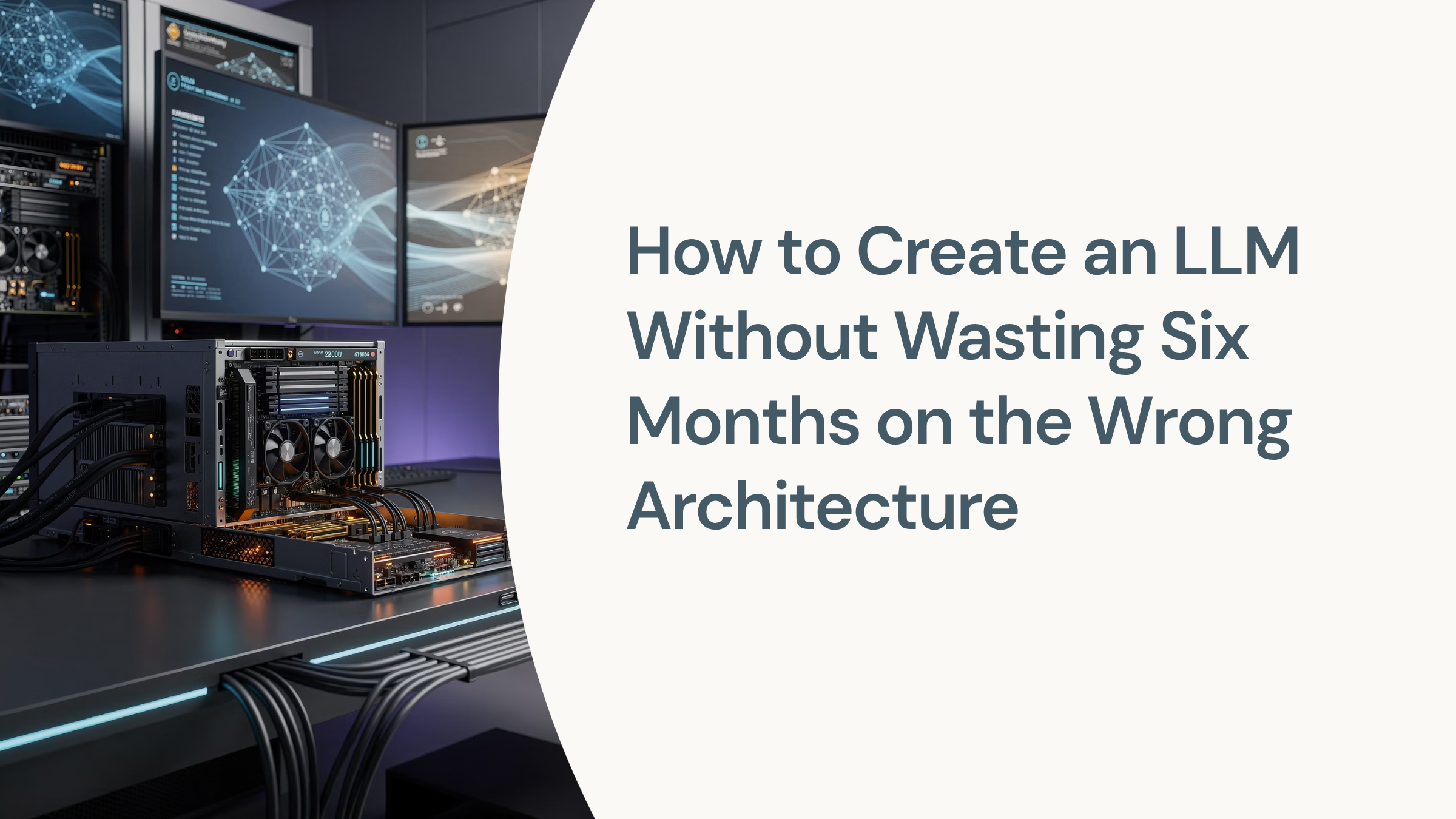 Modern 3D render of efficient LLM architecture workspace with neural network visualization and optimization dashboard