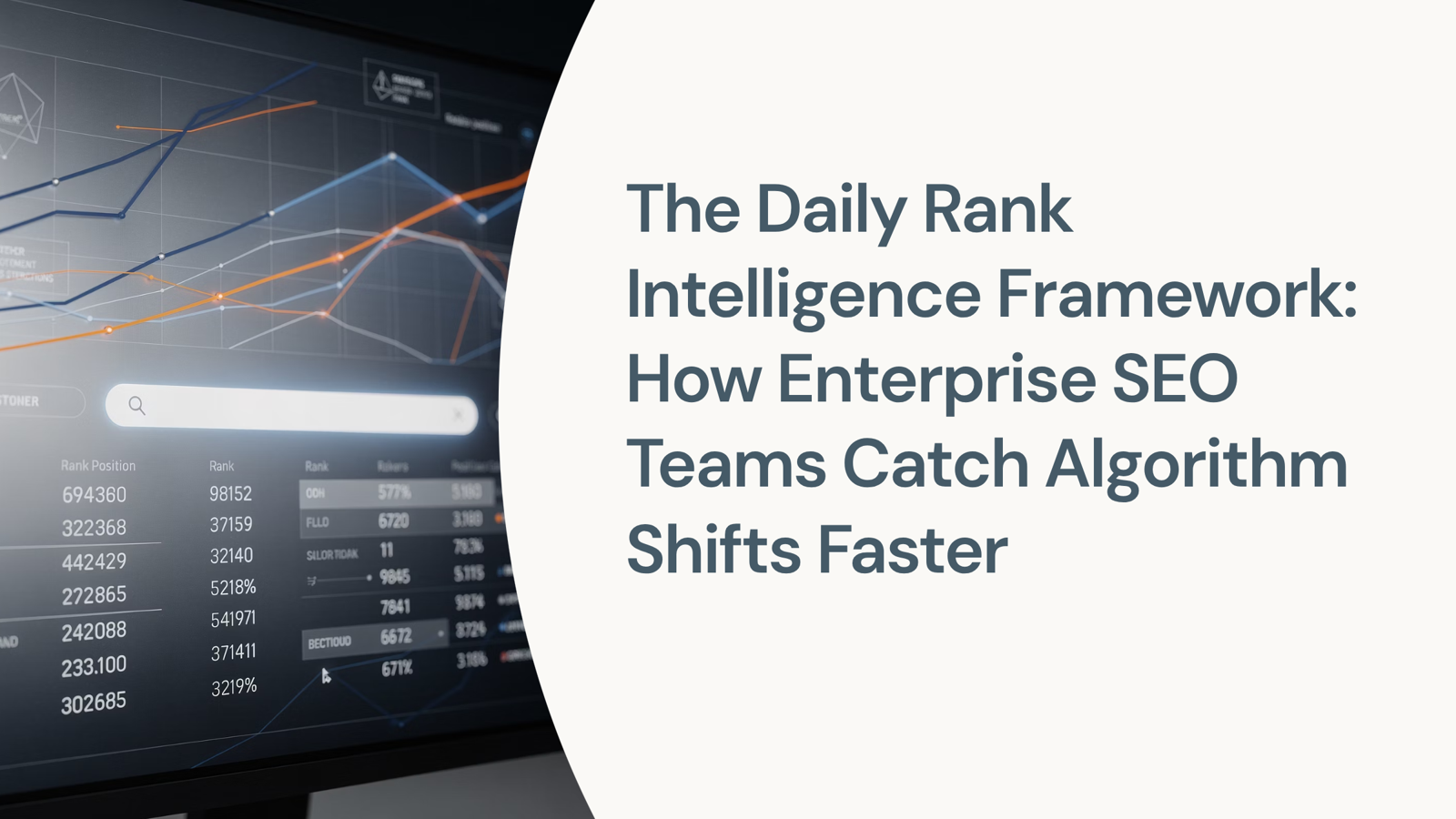 Enterprise SEO dashboard with real-time rank tracking metrics and ascending performance graphs on monitor display
