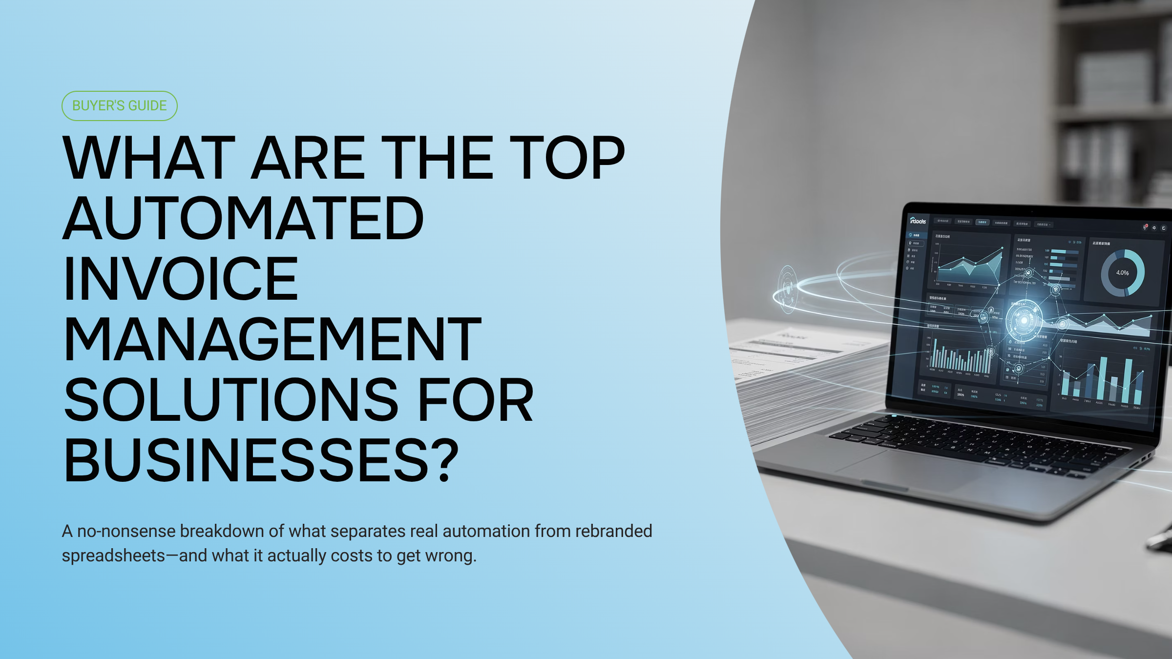 Modern office workspace with digital invoice management dashboards and financial analytics on multiple screens