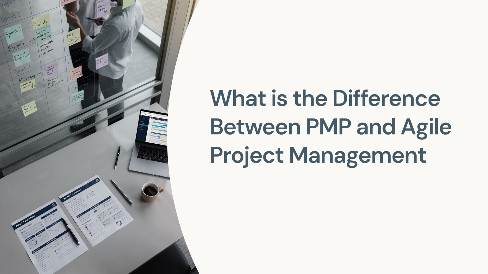 Split-screen comparison of PMP waterfall versus Agile iterative project management methodologies in professional corporate design