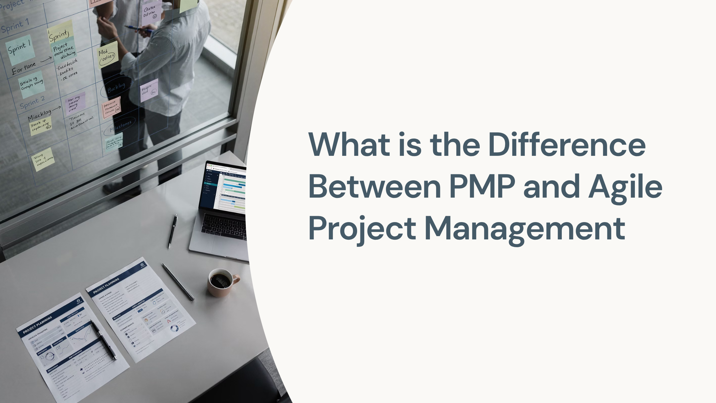 Split-screen comparison of PMP waterfall versus Agile iterative project management methodologies in professional corporate design