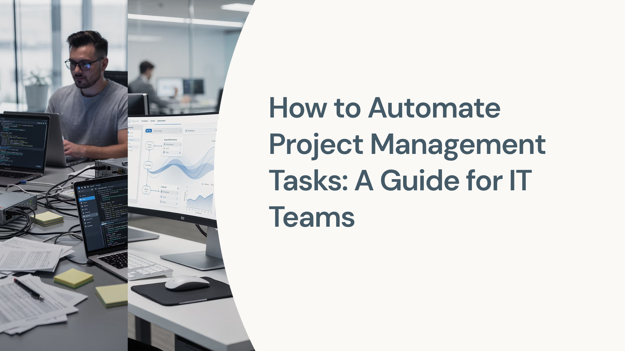 Modern digital workspace with automation dashboards and workflow diagrams representing project management automation for IT teams