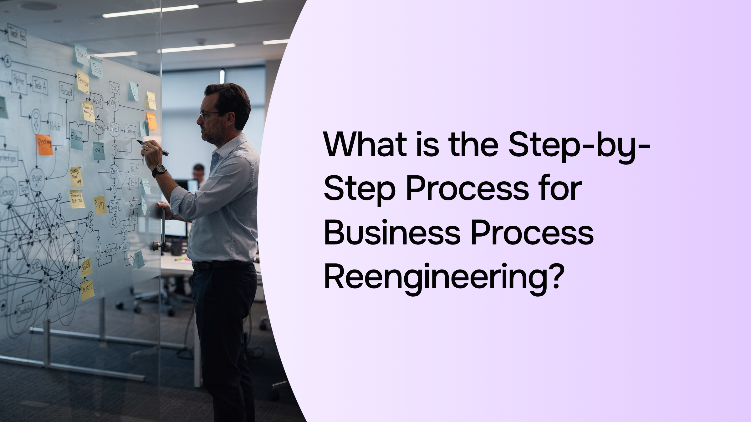 Abstract 3D business process reengineering workflow diagram with connected nodes and streamlined optimization flow