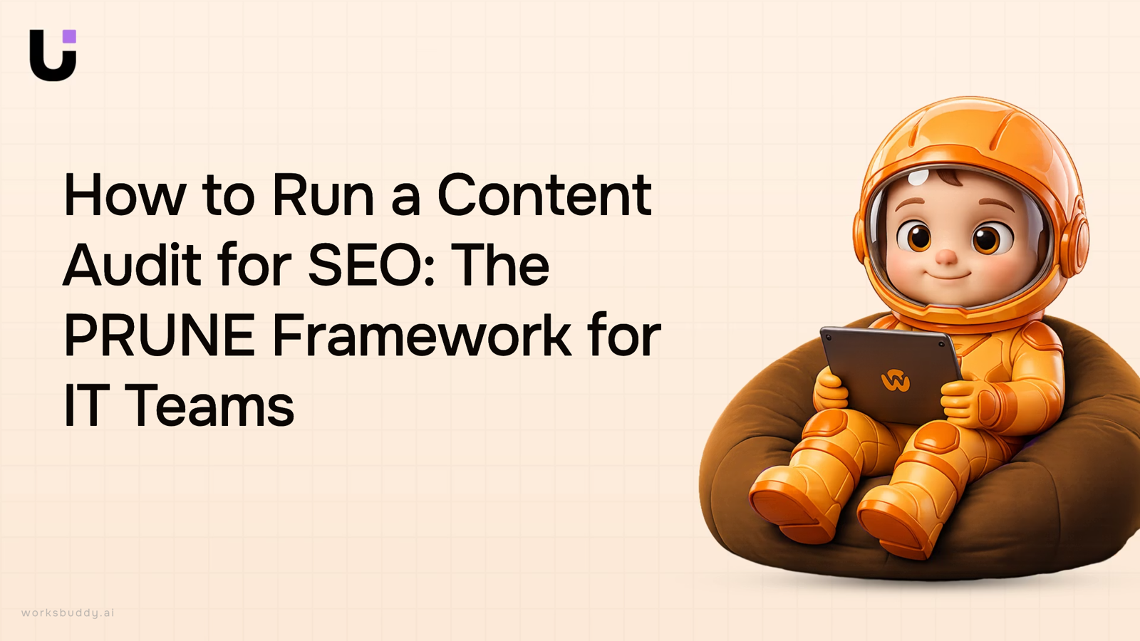3D visualization of SEO content audit with monitor, data charts, and organized digital elements representing PRUNE framework