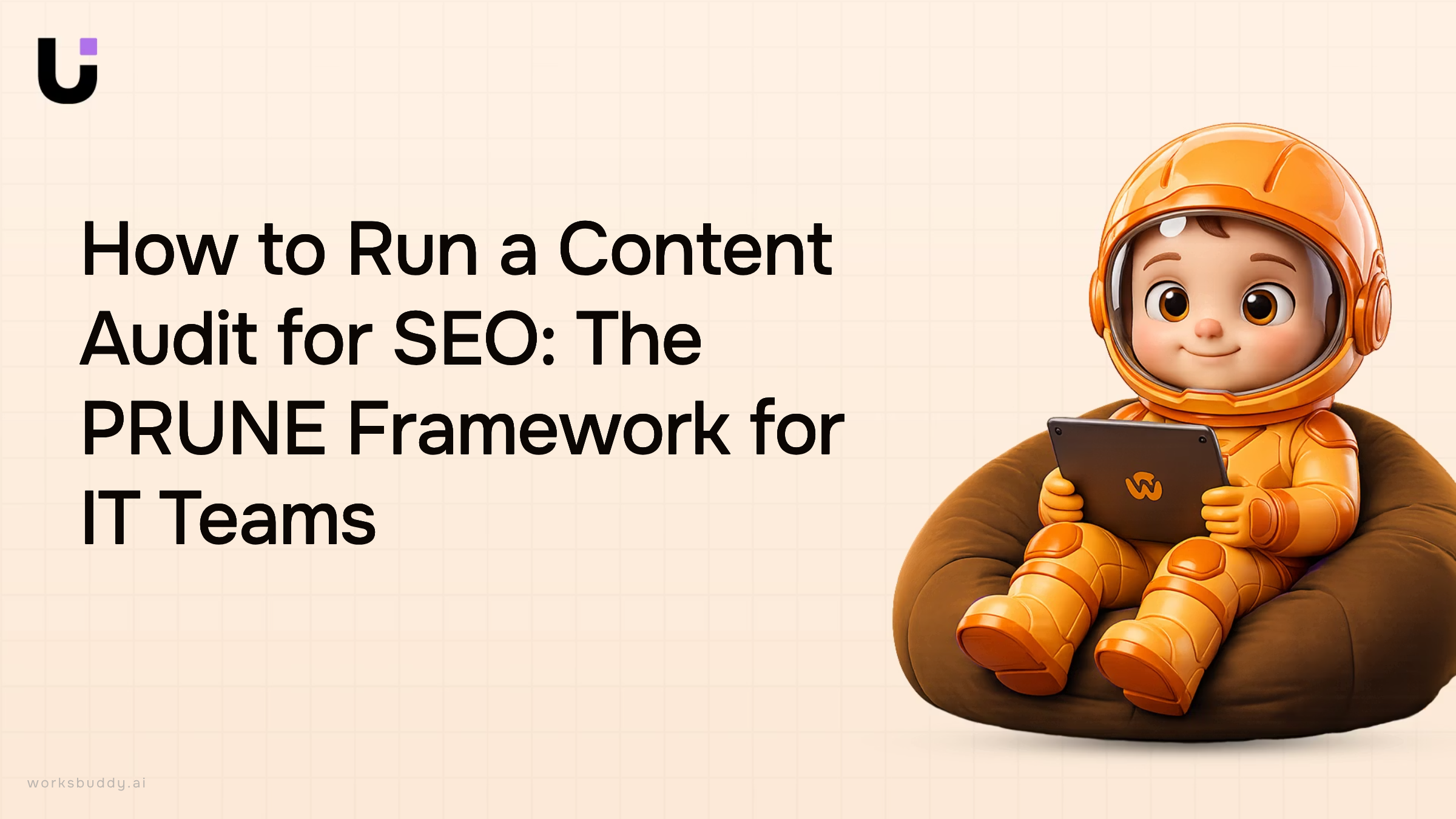 3D visualization of SEO content audit with monitor, data charts, and organized digital elements representing PRUNE framework