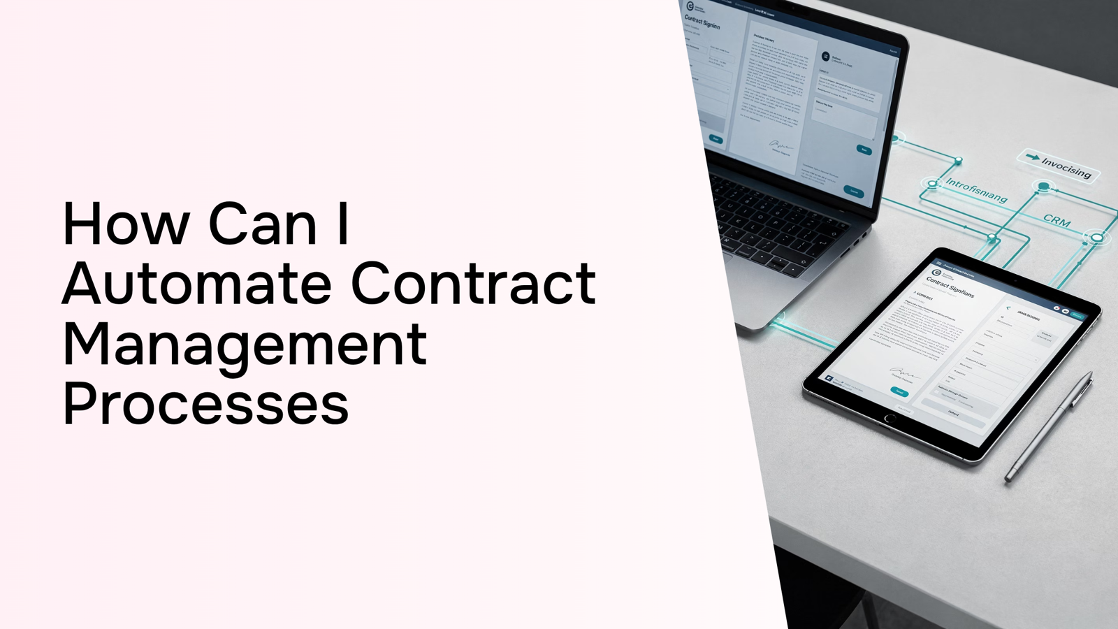 Modern workspace with laptop showing automated contract management workflow with floating documents and digital process connections