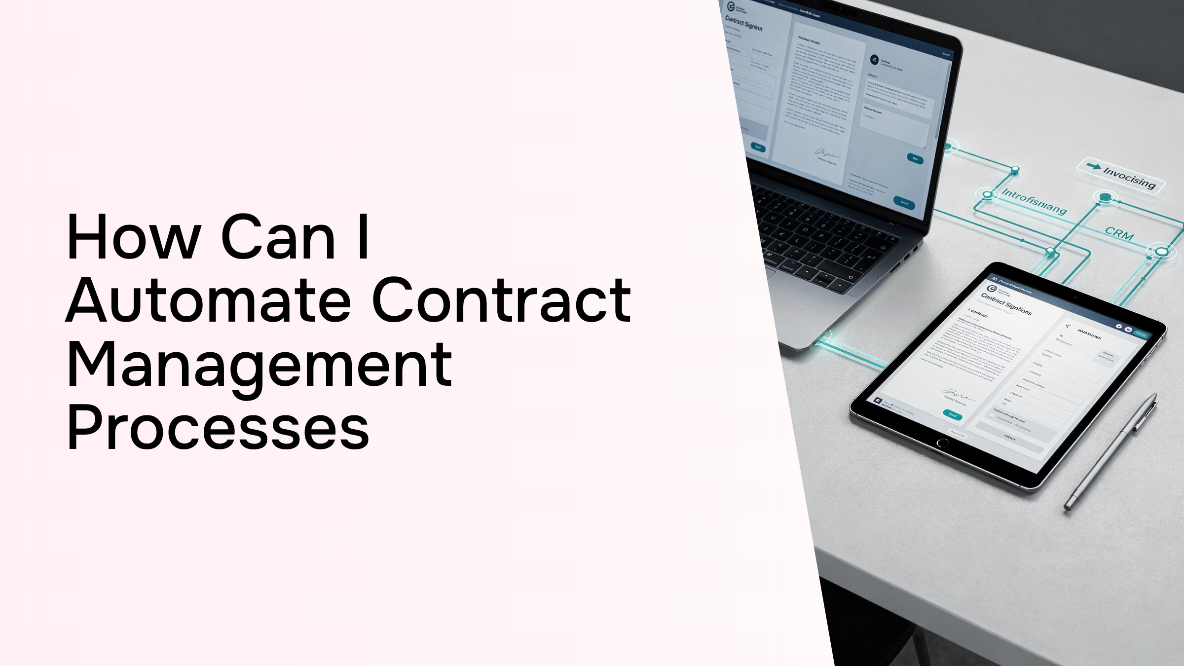 Modern workspace with laptop showing automated contract management workflow with floating documents and digital process connections