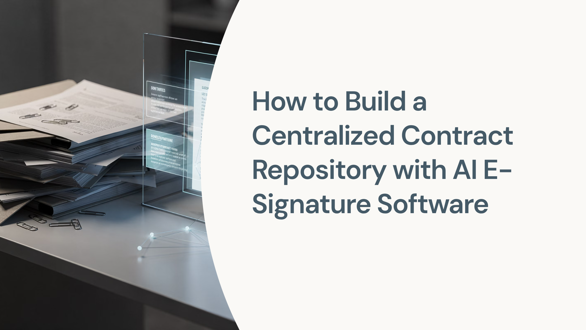 Digital 3D illustration of organized contract documents in a centralized repository with golden accents and professional blue tones