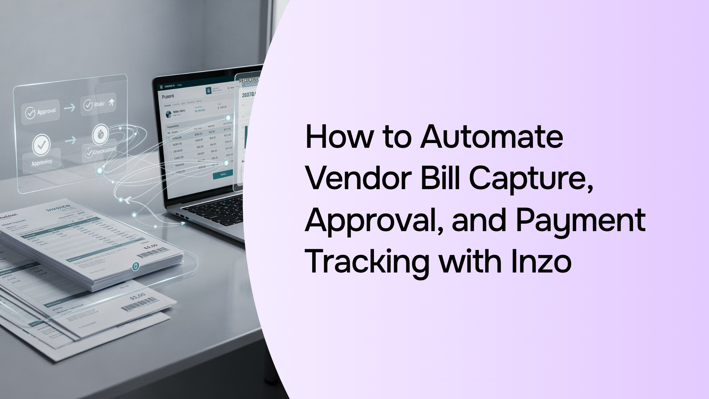 Modern office workspace with financial dashboards and invoice management software displaying automated vendor bill tracking