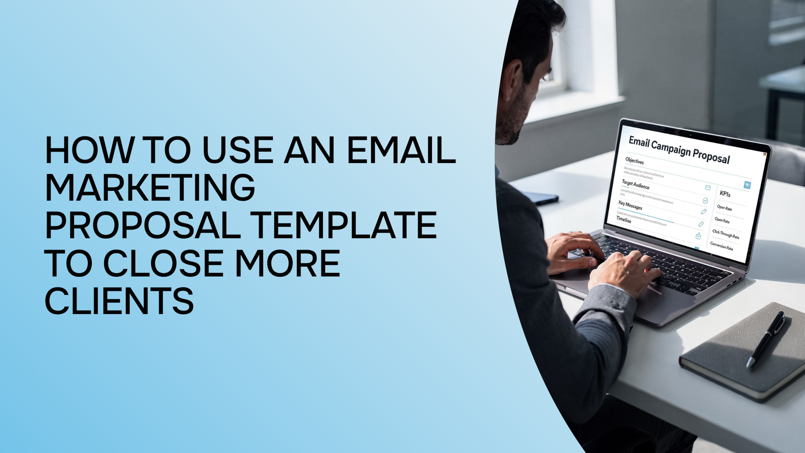 Professional desk workspace with laptop displaying email marketing proposal template and business analytics