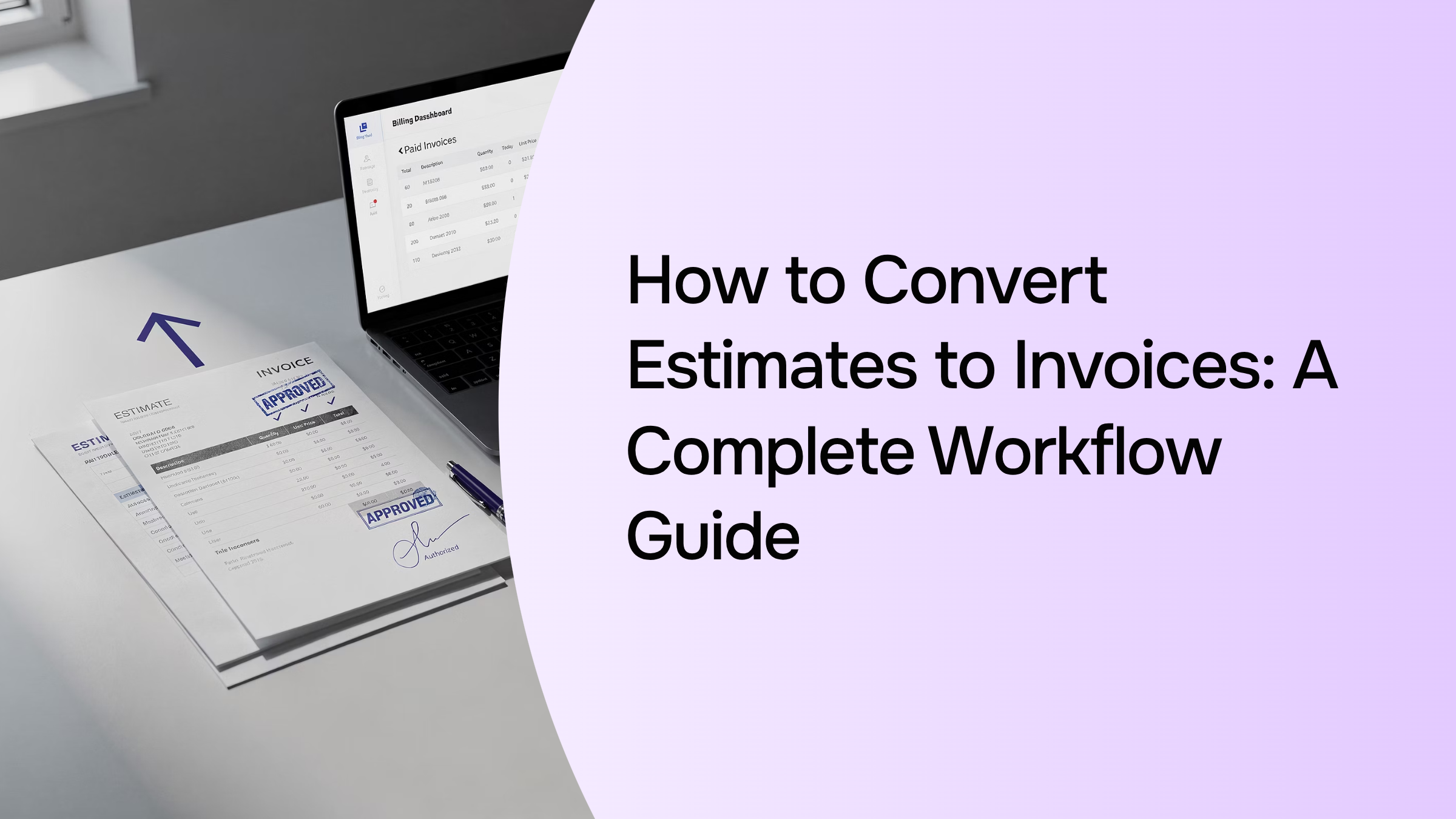 Professional workspace showing estimate-to-invoice workflow conversion process with documents and laptop