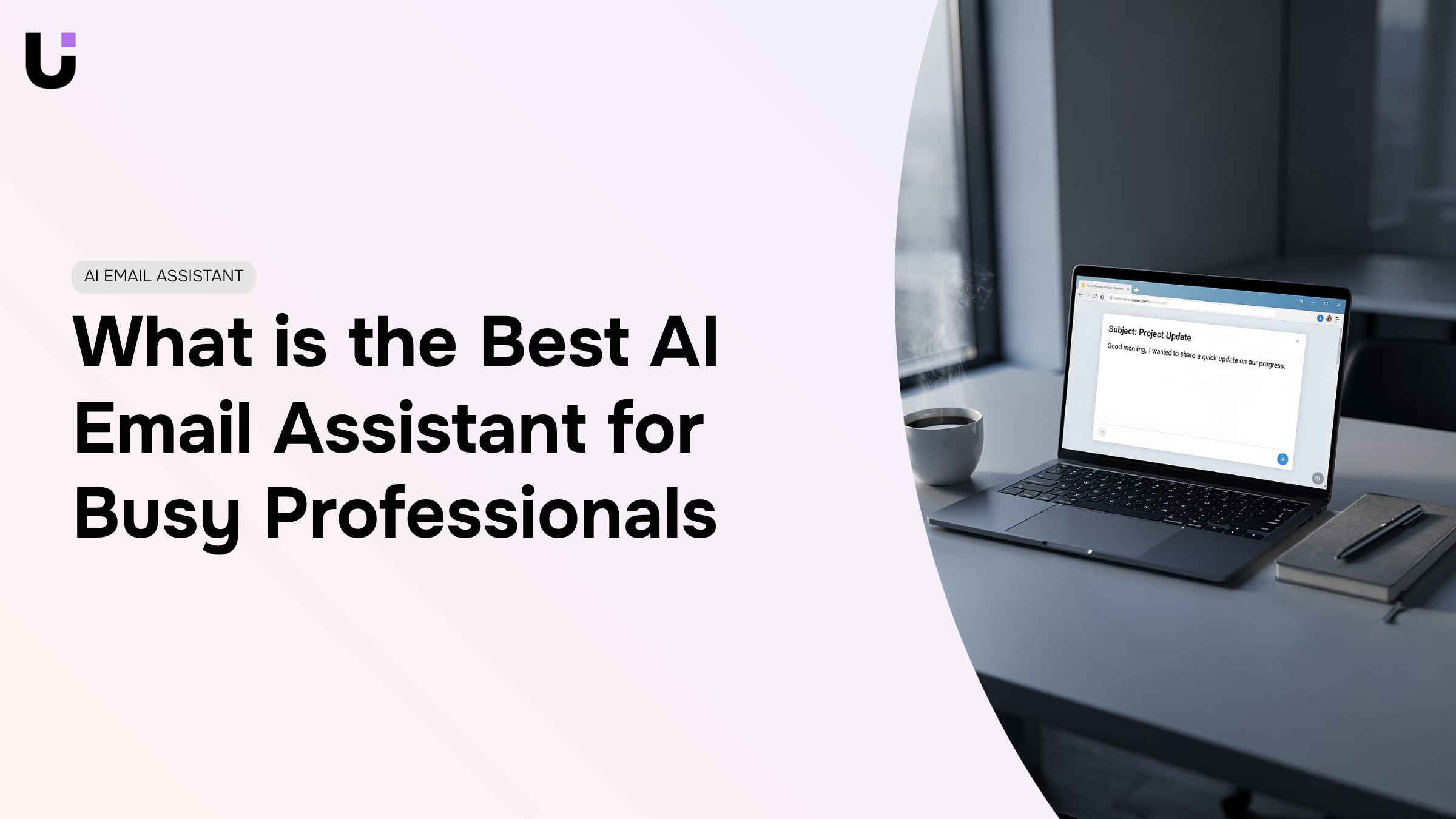 Modern workspace with laptop showing AI email assistant interface in professional navy and silver tones