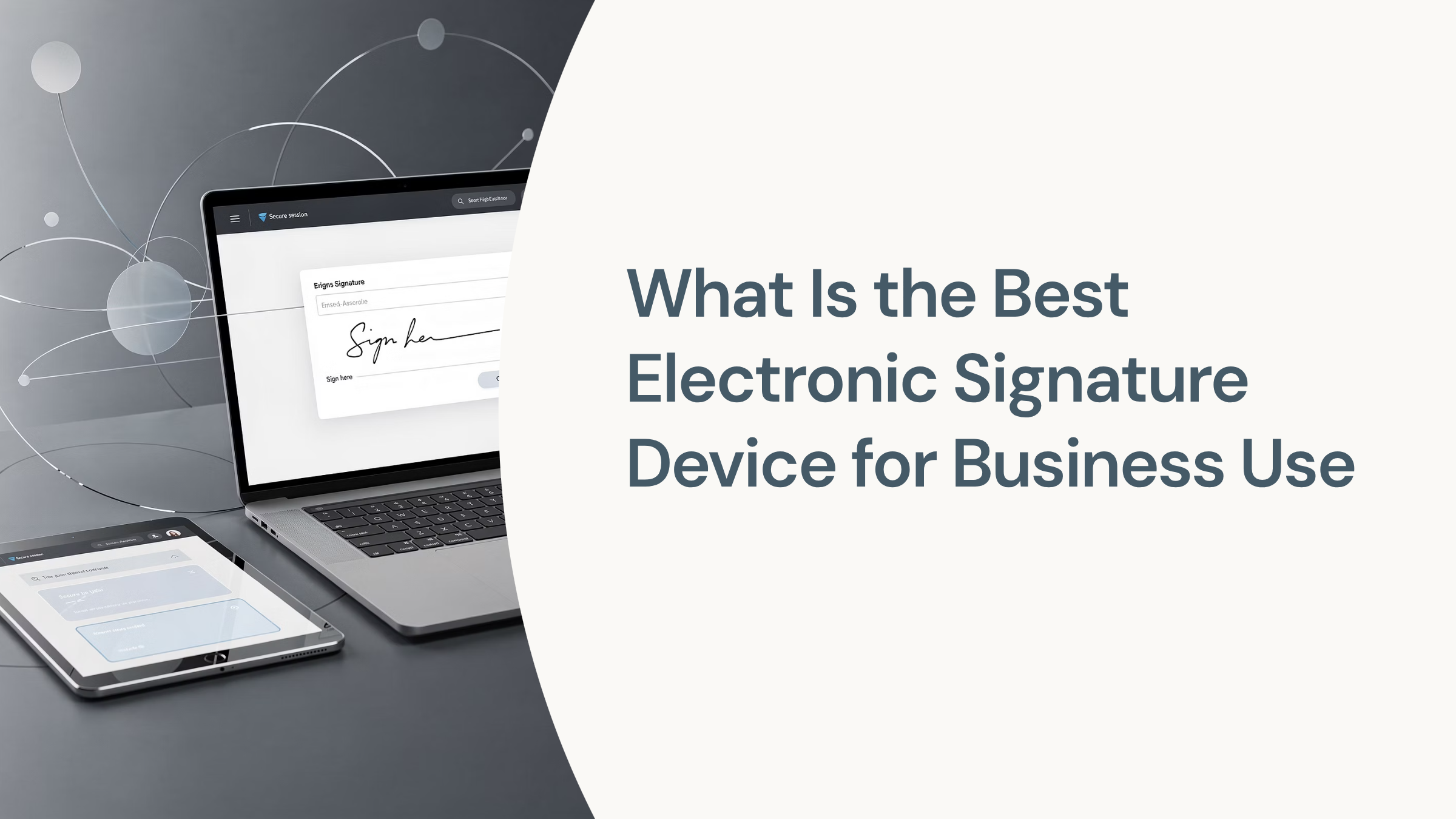 Professional electronic signature device on modern corporate desk with laptop and office supplies