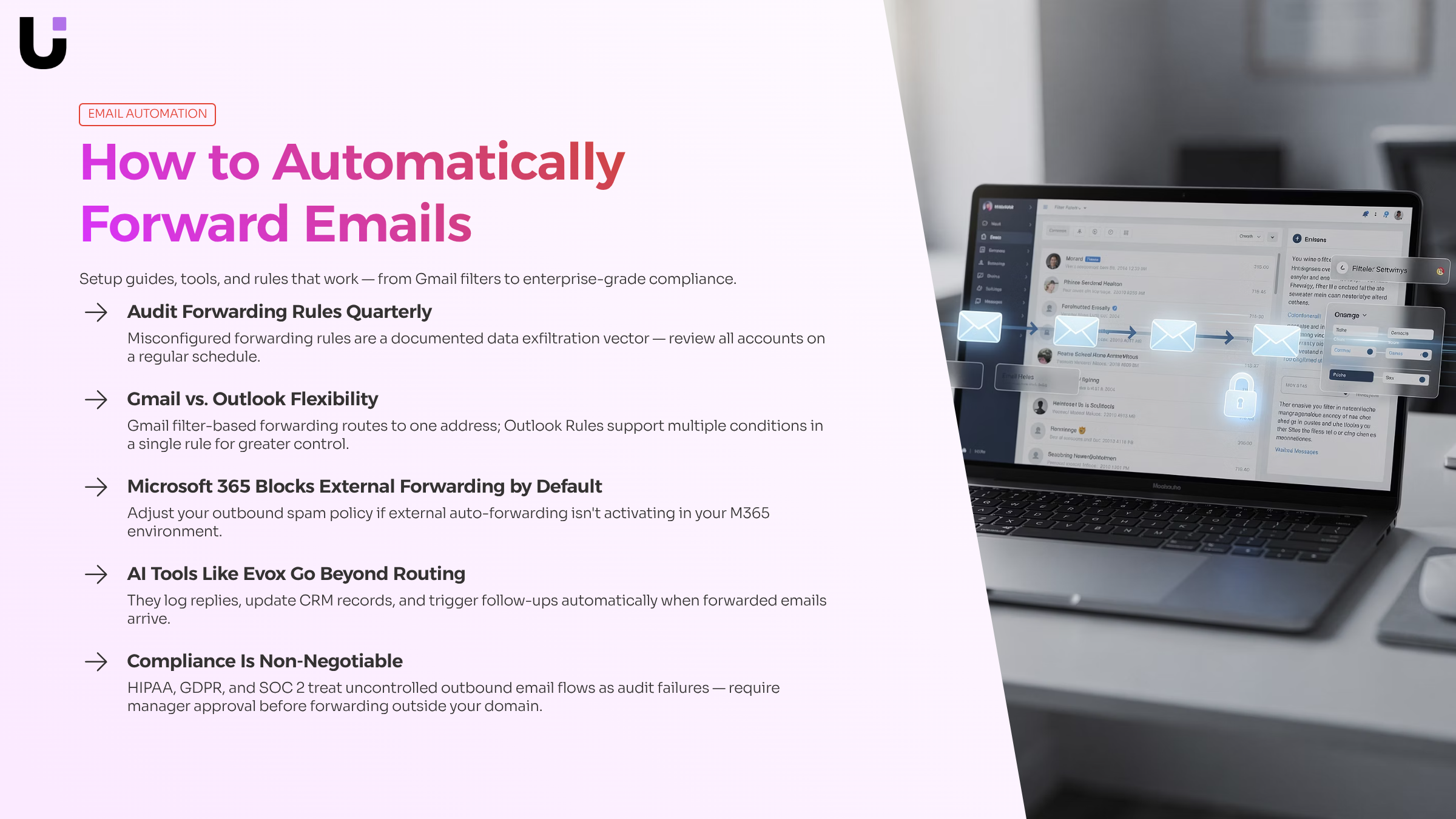 Digital email forwarding automation visualization with flowing arrows and UI controls in modern 3D render
