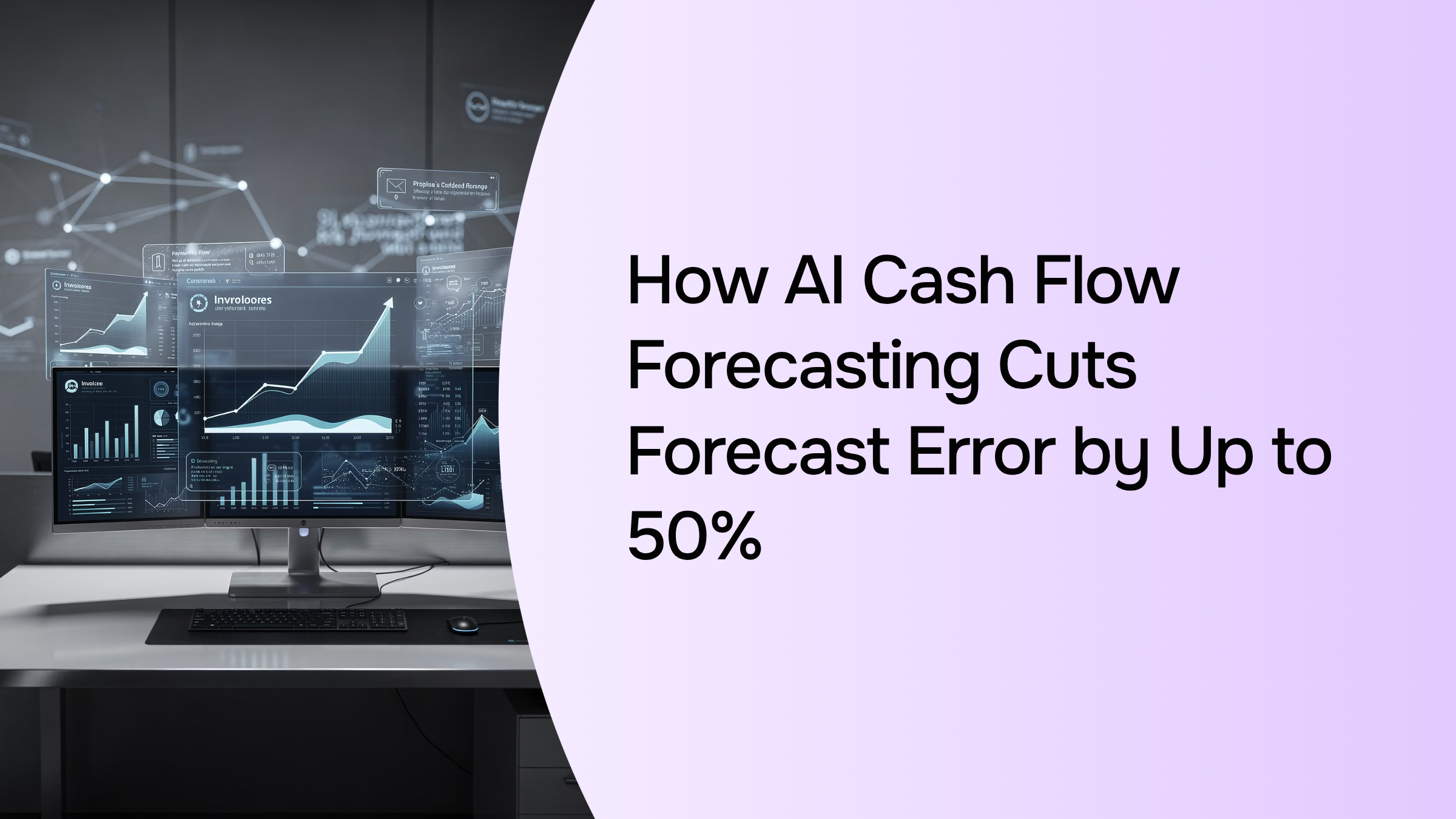 Modern 3D financial dashboard showing AI-powered cash flow forecasting with ascending trend chart and data metrics