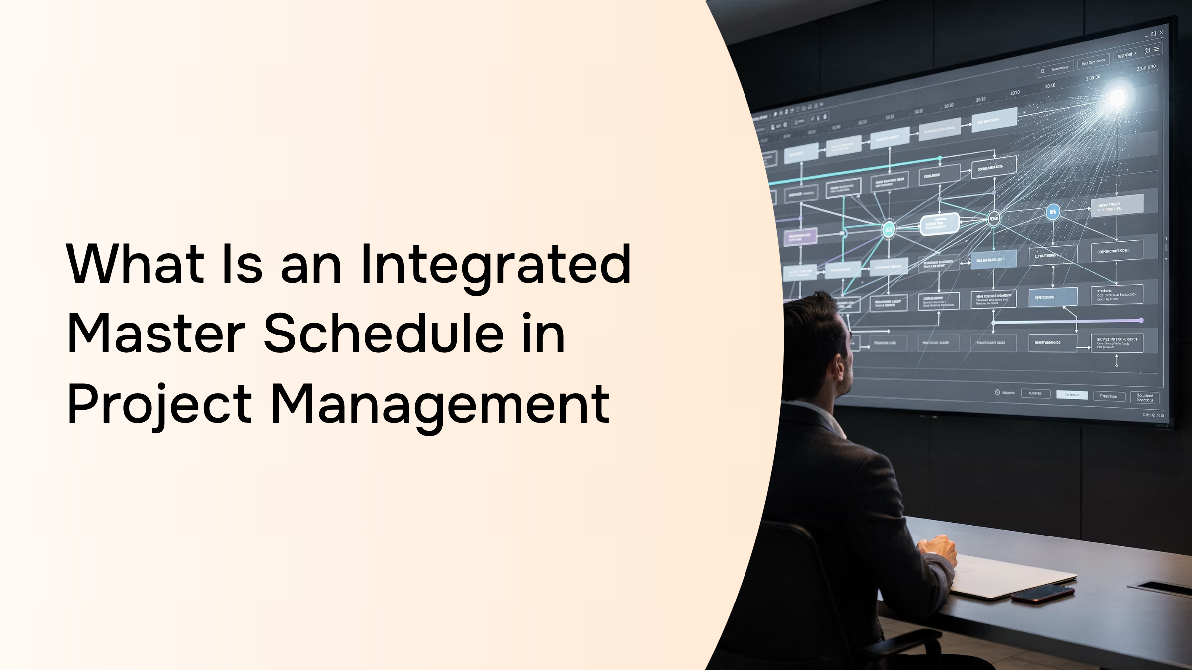Abstract 3D project timeline visualization with interconnected layers and nodes representing integrated master schedule management