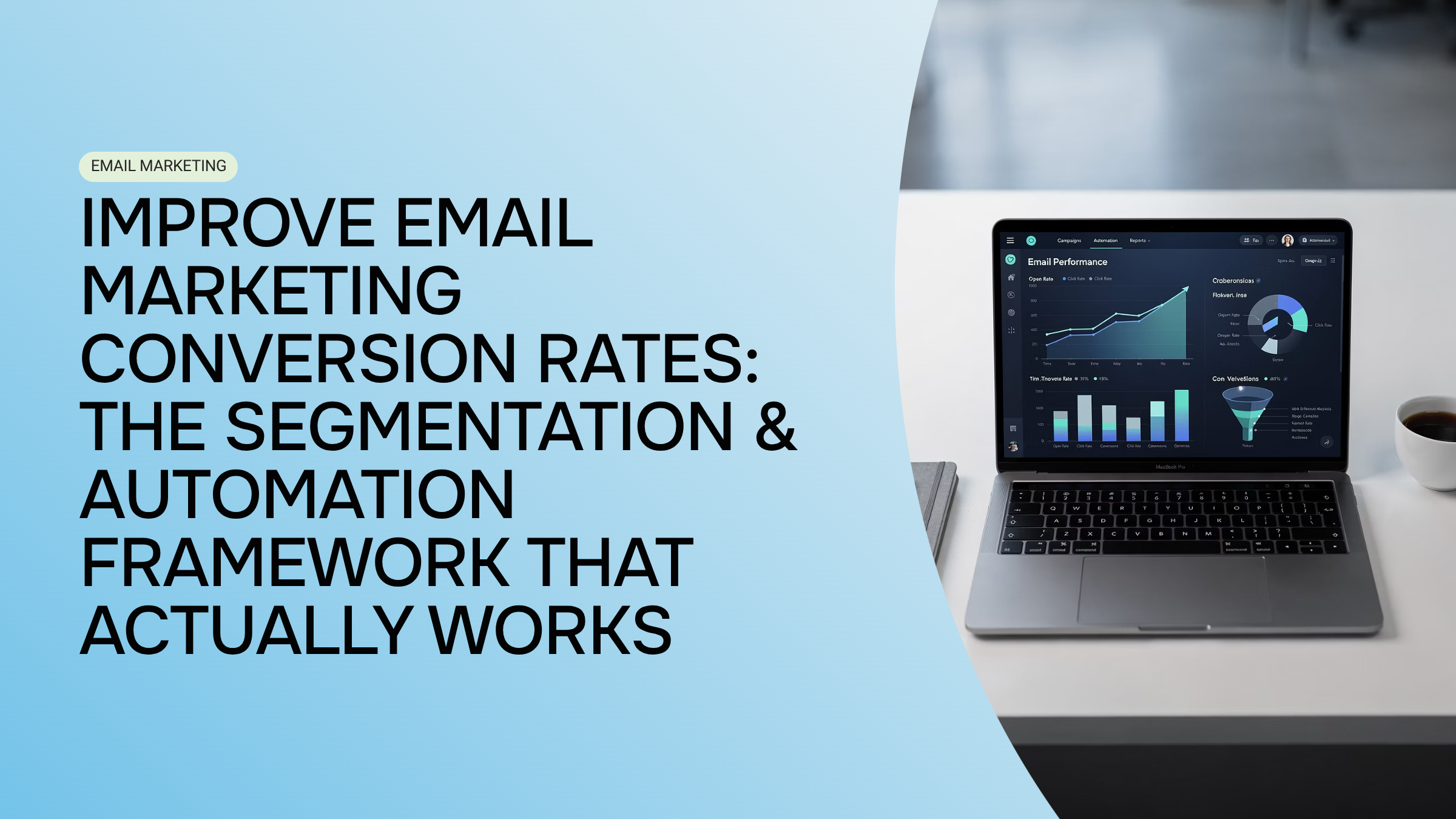 Modern laptop displaying email marketing analytics and segmentation data on a professional desk with minimalist styling