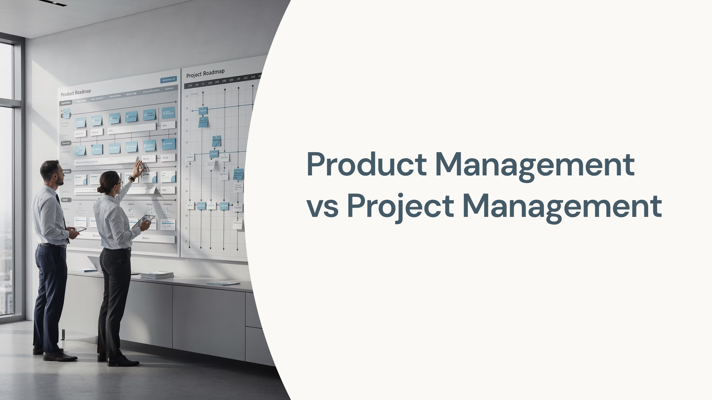 Professional split-screen visualization comparing product management strategy with project management execution