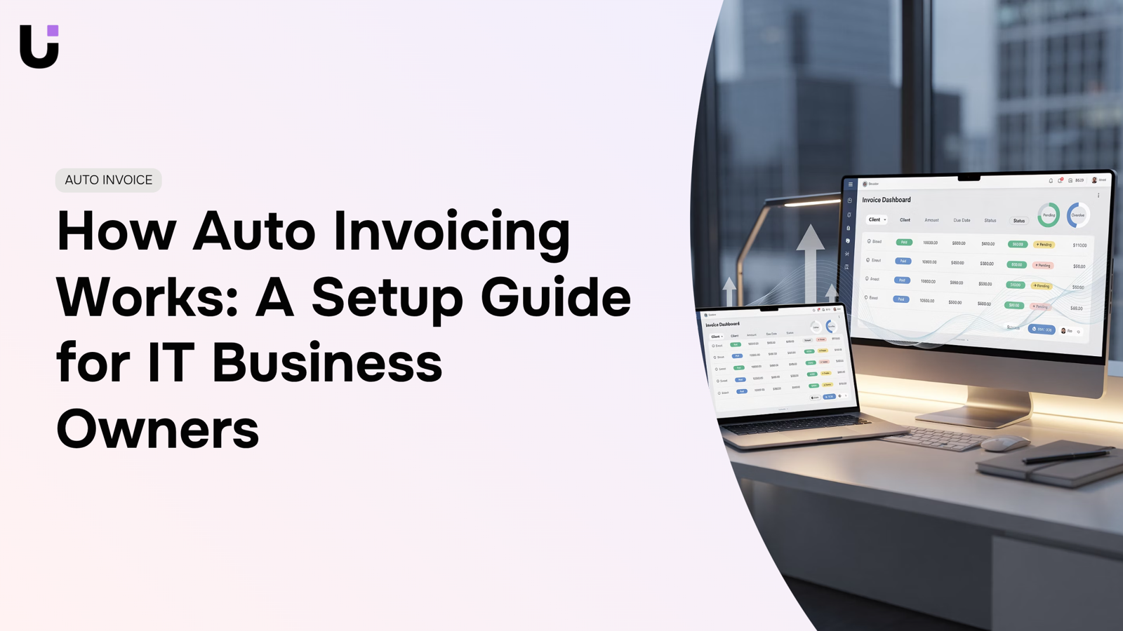 Automated invoice dashboard with connected workflow nodes and digital automation elements on professional gray-blue background