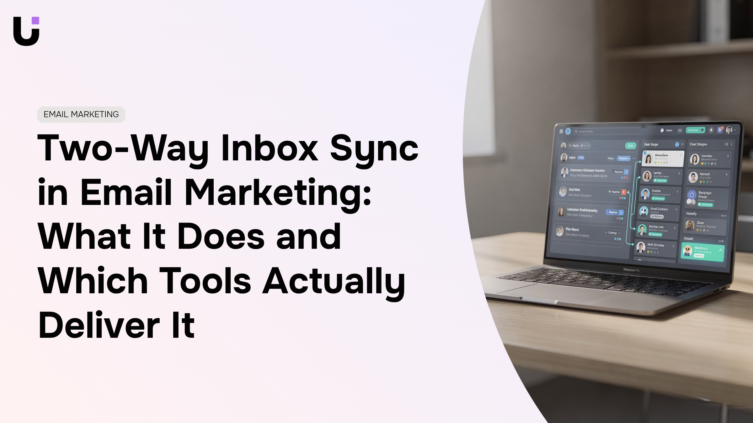 Digital illustration of synchronized email inbox with two-way sync arrows representing email marketing integration