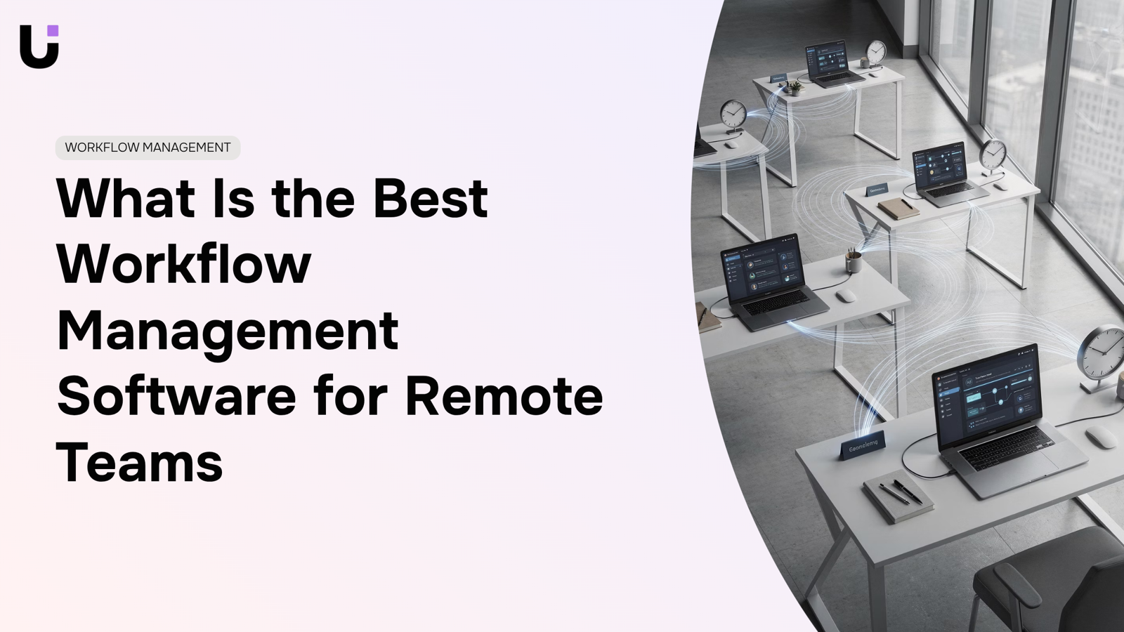Modern digital workspace with holographic workflow screens representing remote team collaboration and management software