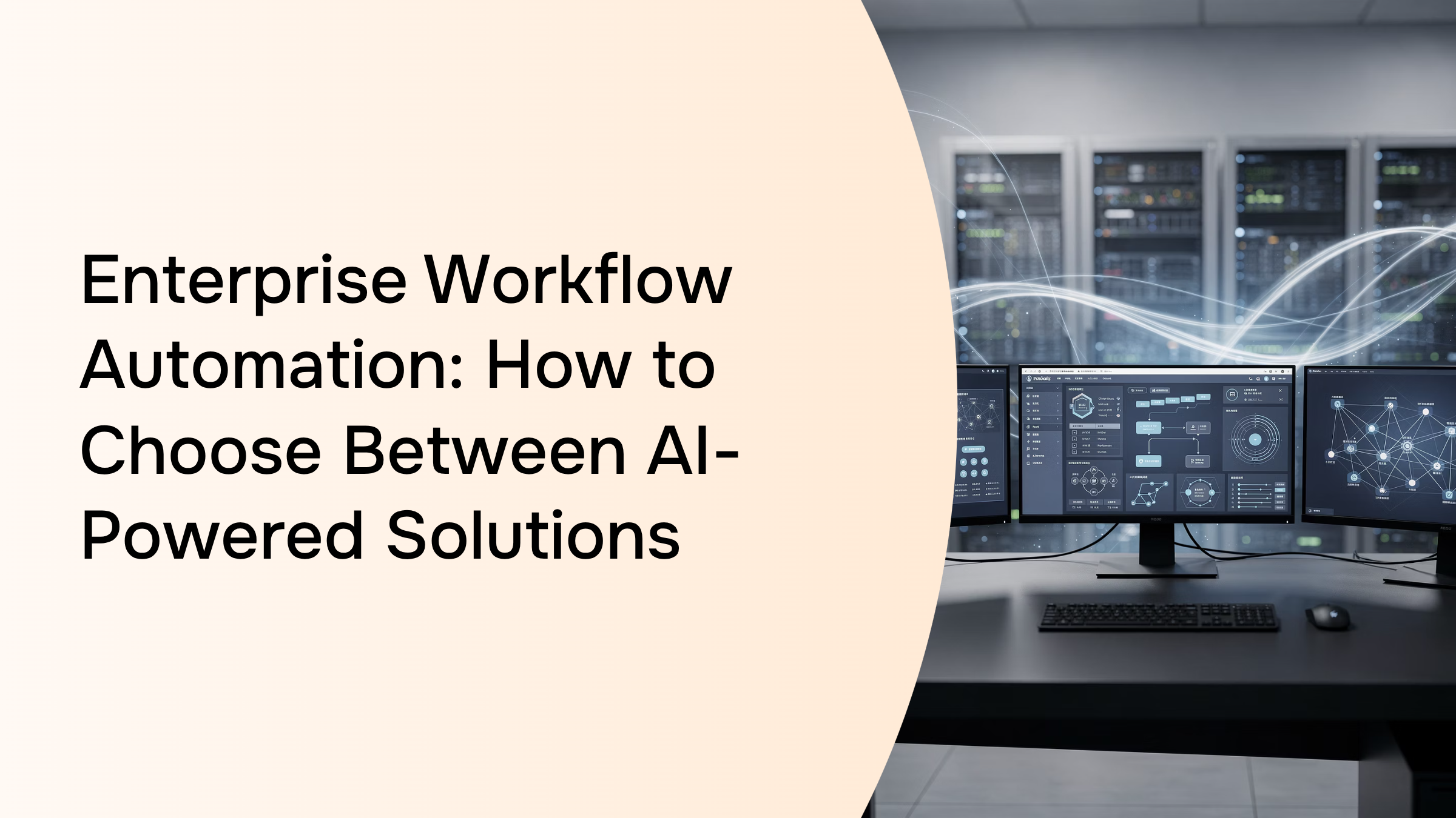 Modern digital workspace showing AI workflow automation dashboard with interconnected process nodes and data streams