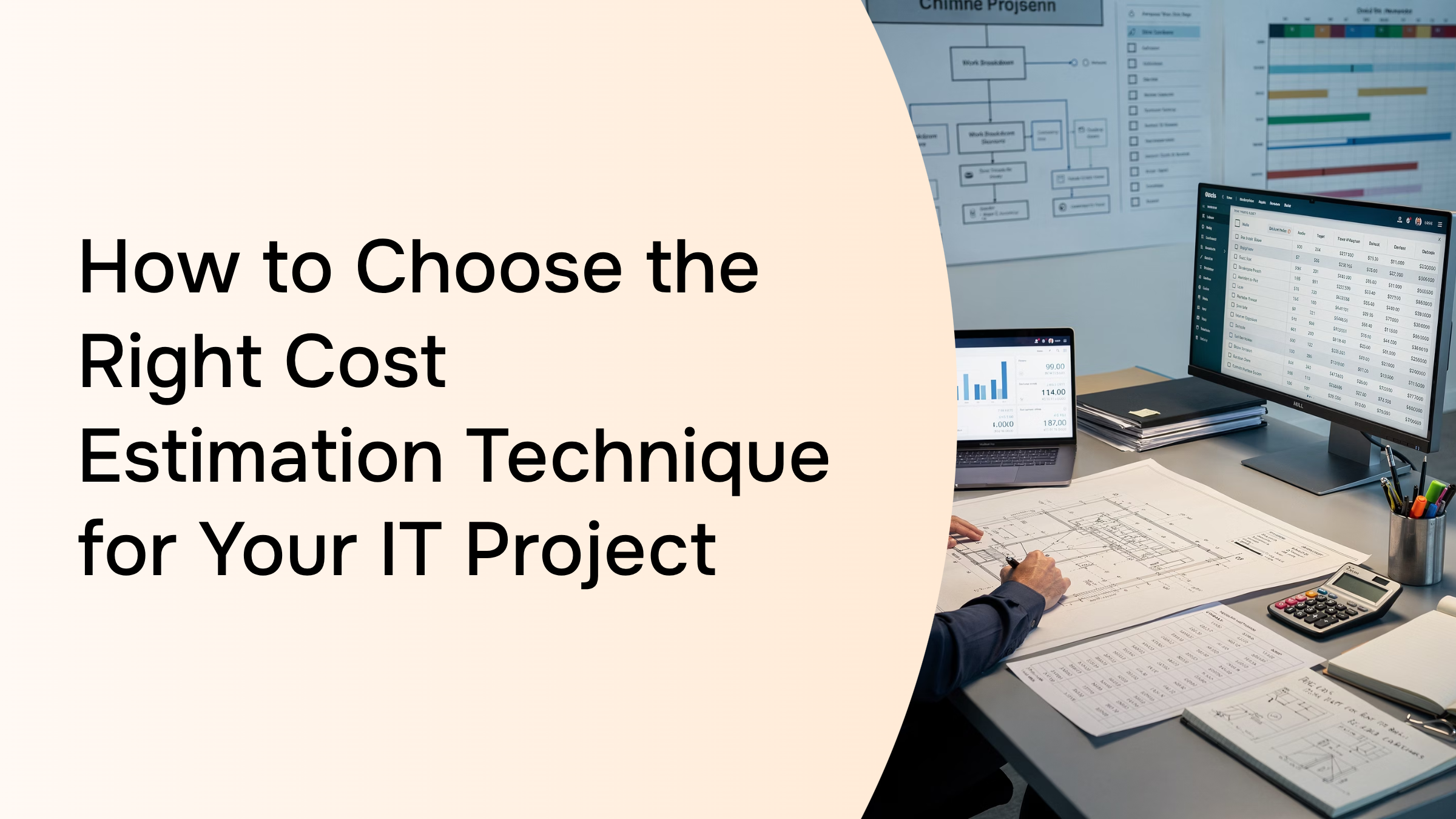 Professional 3D workspace with laptop showing data charts, calculator, and notebook representing IT project cost estimation