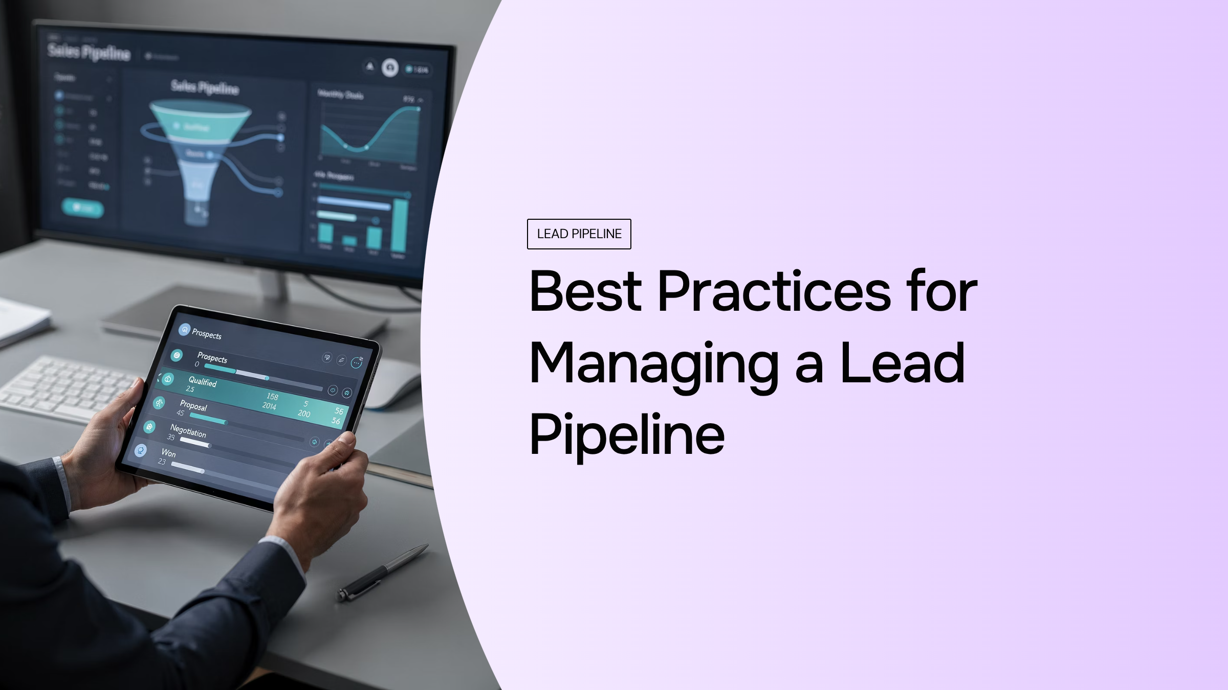 Professional 3D pipeline visualization with glowing stages and flowing data particles representing lead management progression