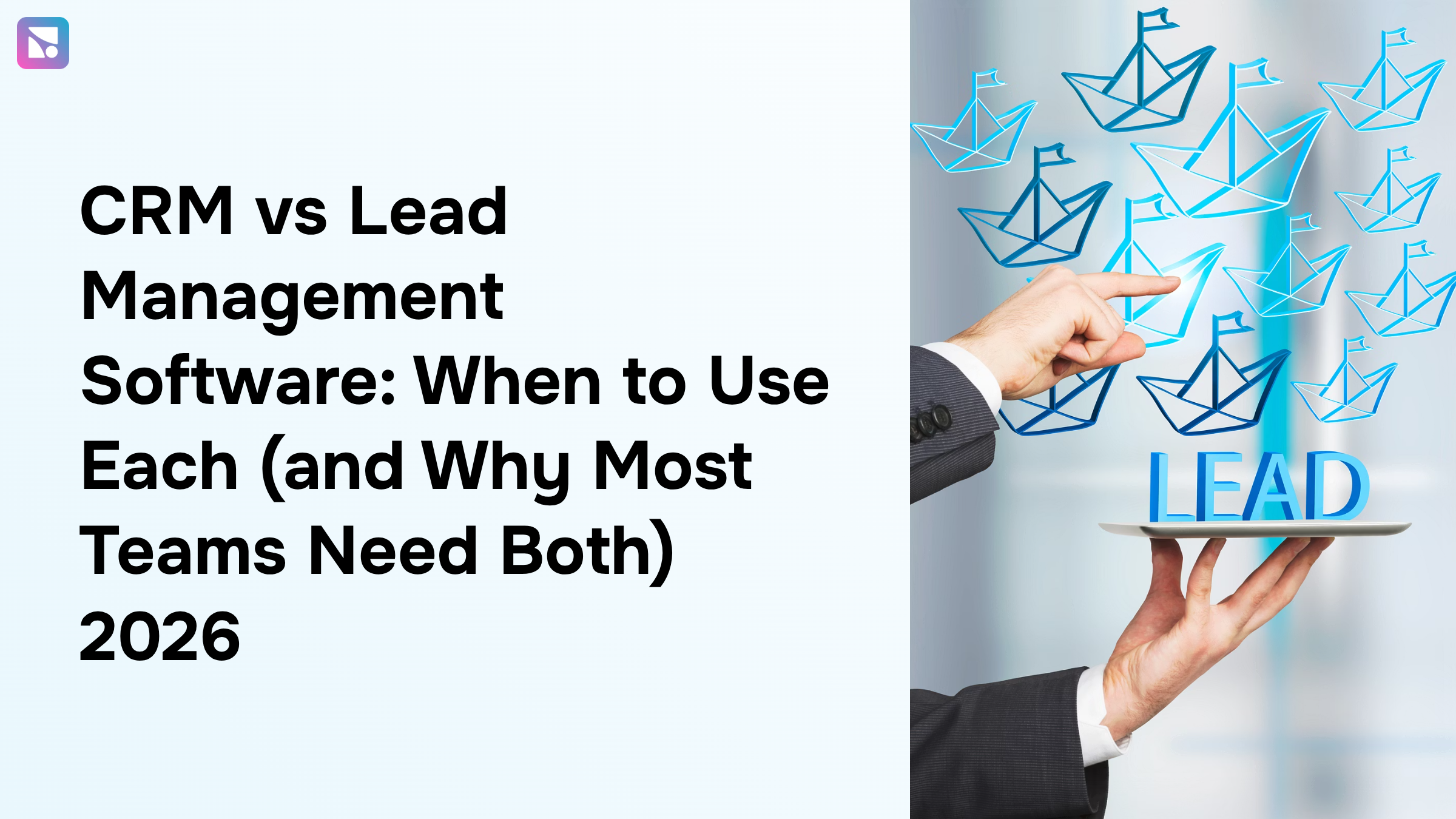 Split-screen visualization of CRM and lead management software systems connected together in modern corporate design
