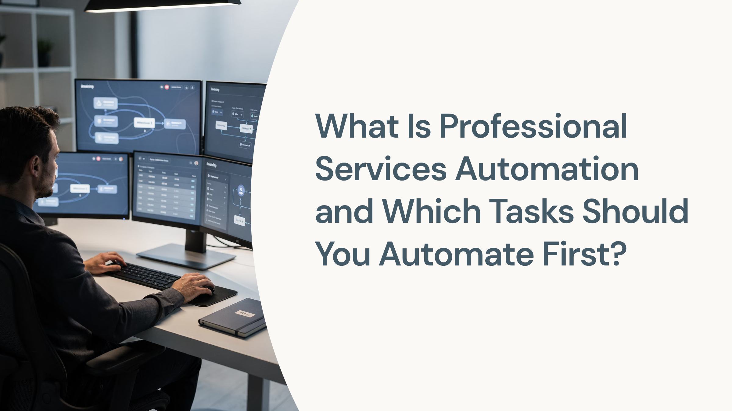 Modern 3D workflow automation dashboard with blue accents on minimalist desk, representing professional services automation