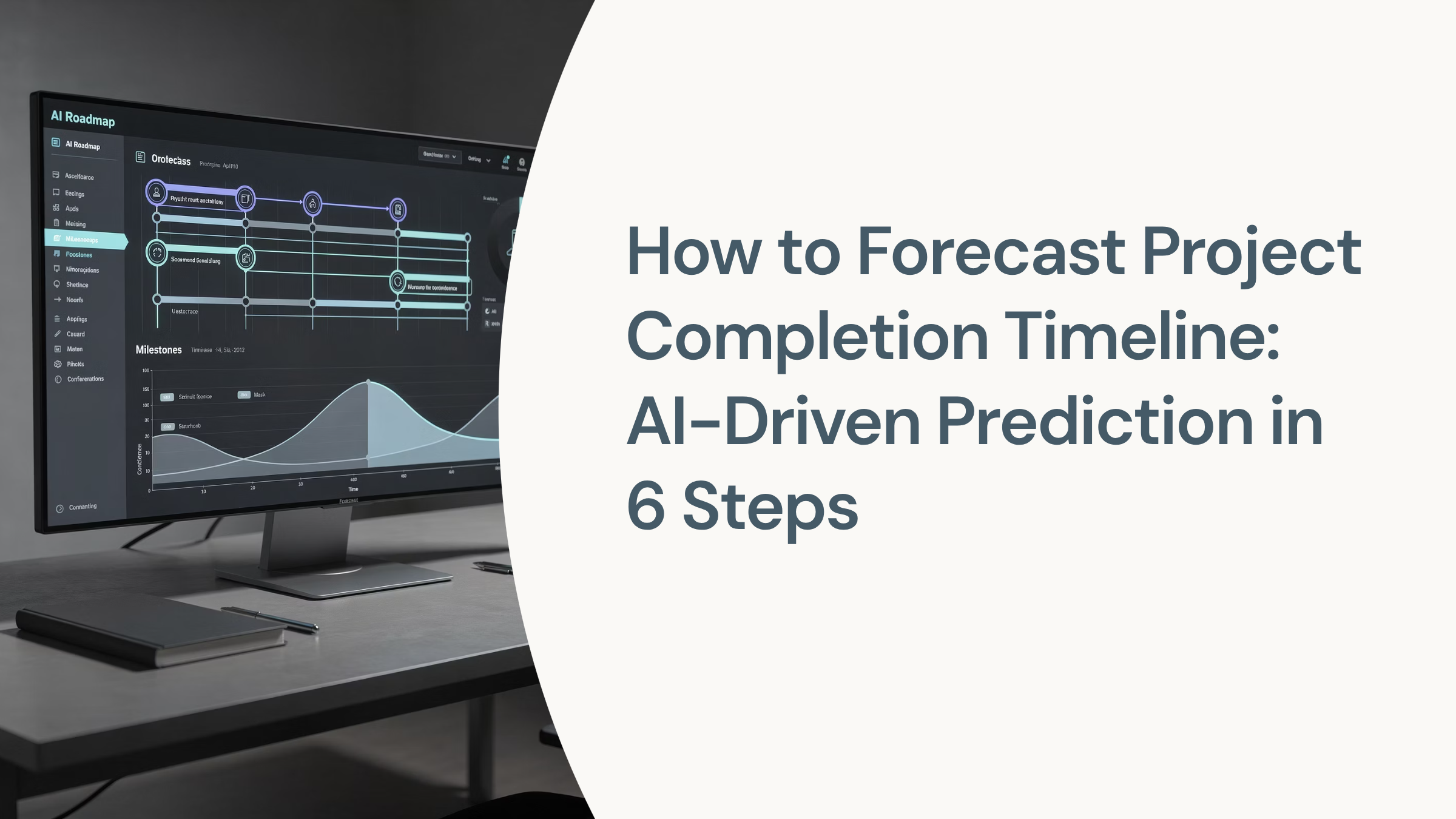 Modern 3D timeline visualization with six milestones representing AI-driven project completion forecasting