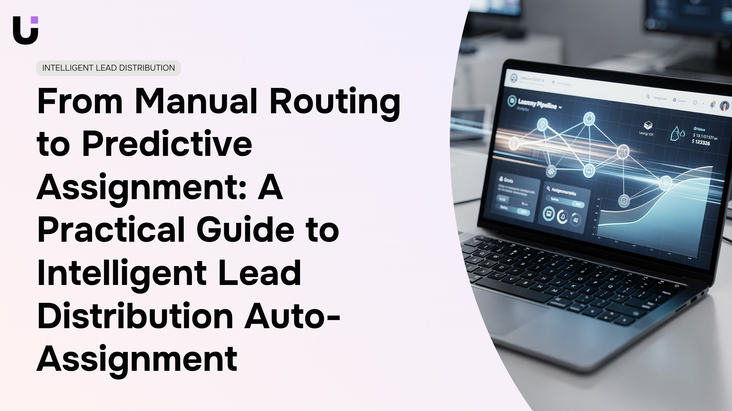 Intelligent lead distribution automation: glowing network nodes and data flow visualization representing smart assignment pathways
