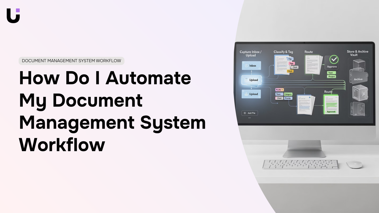 Modern laptop displaying organized digital workflows and automation diagrams on a minimalist office desk