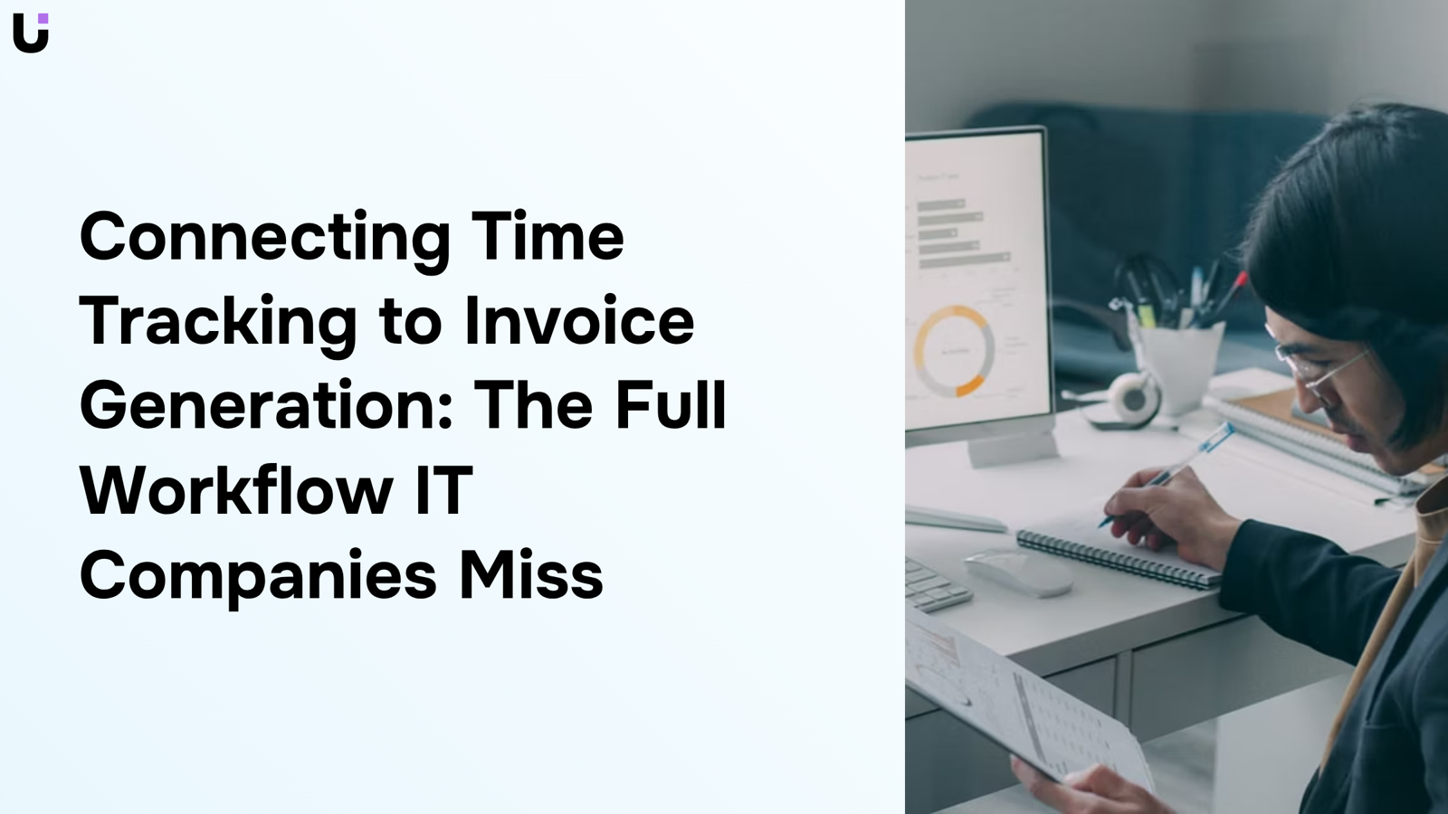 Modern 3D workflow visualization showing time tracking data converting to invoices with connected nodes and flowing arrows in professional navy and white