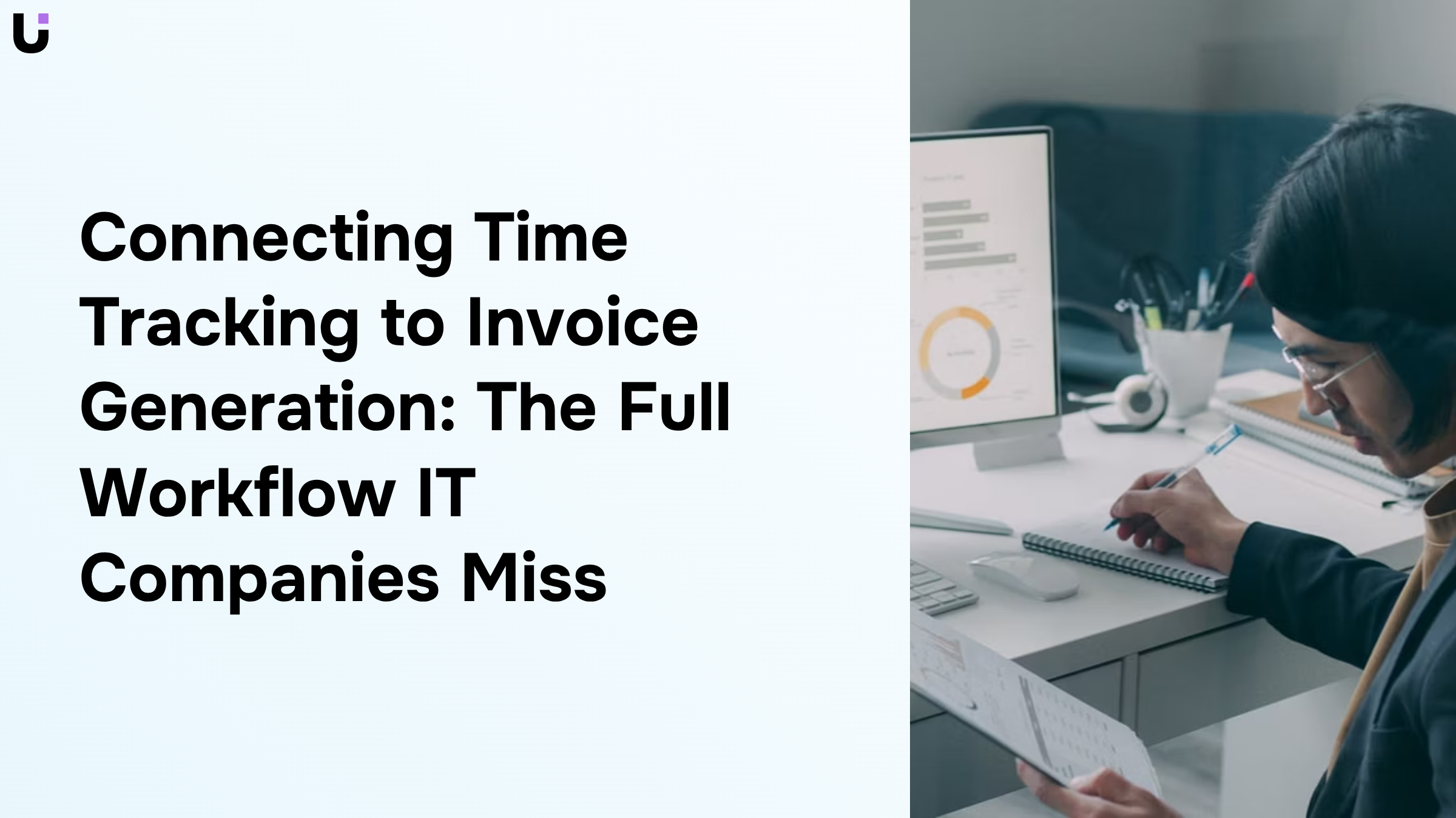 Modern 3D workflow visualization showing time tracking data converting to invoices with connected nodes and flowing arrows in professional navy and white