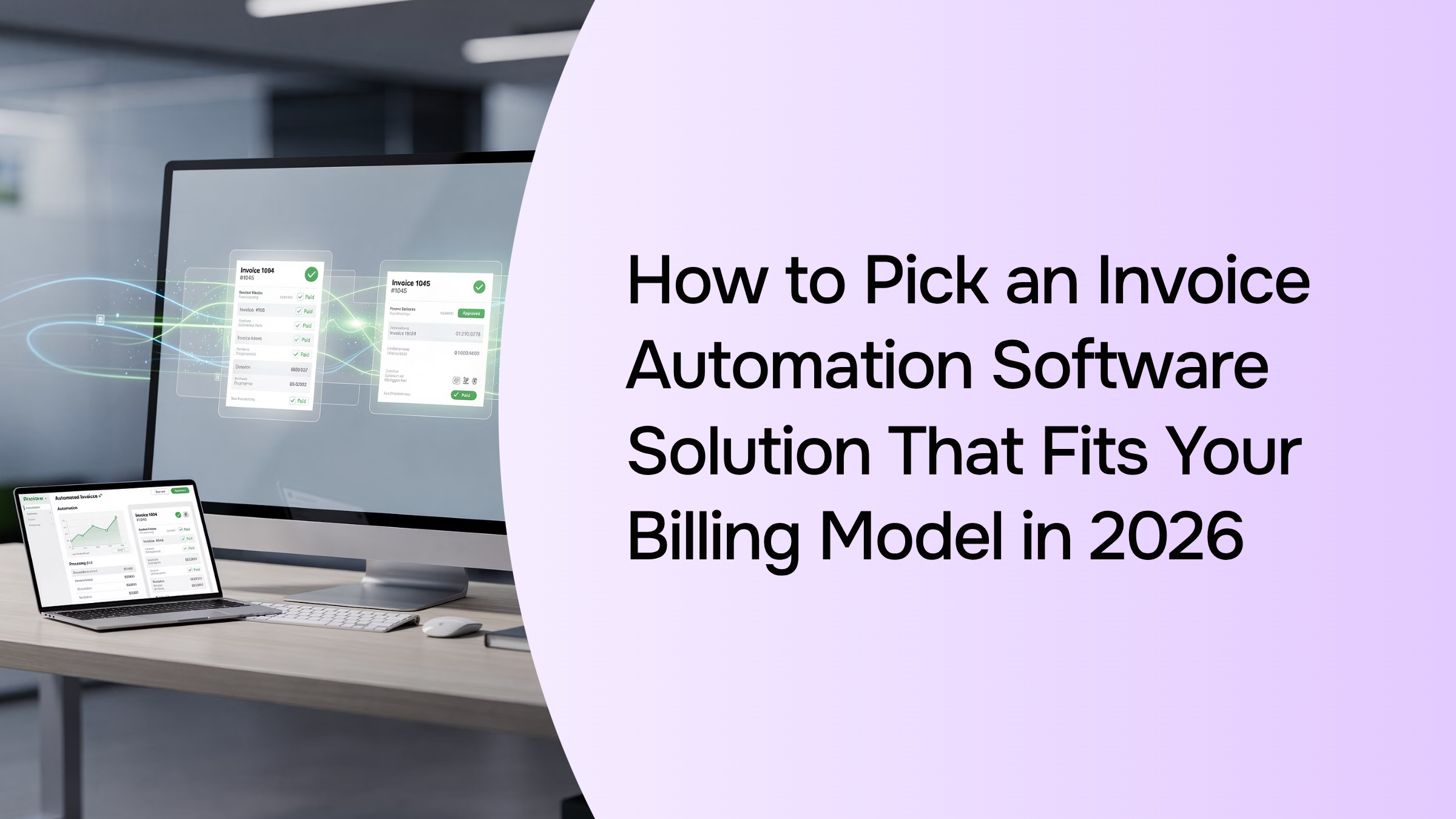 Modern 3D dashboard showing invoice automation workflow with data streams and billing model integration