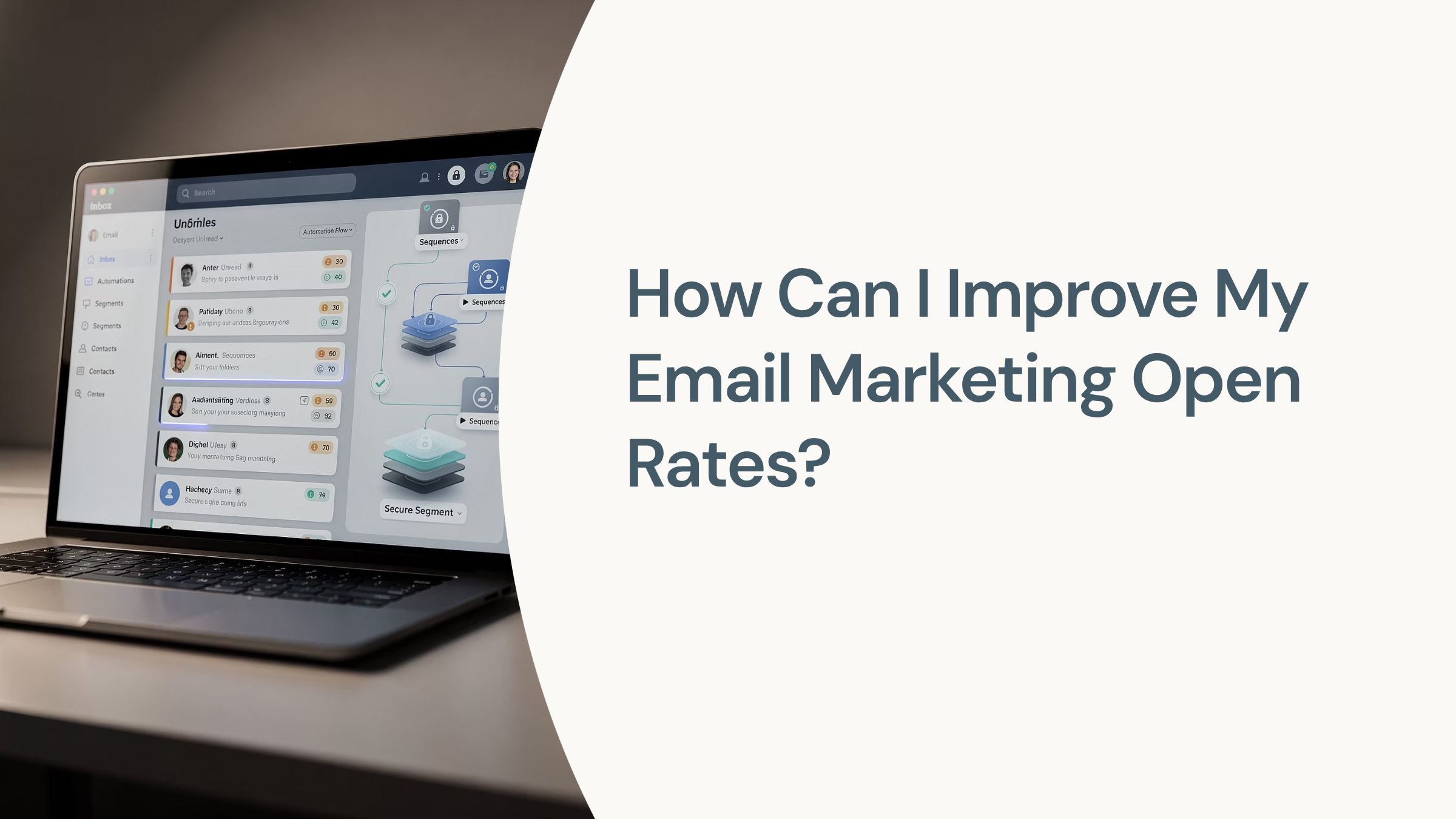 Professional email marketing workspace with laptop showing email interface and upward trending analytics