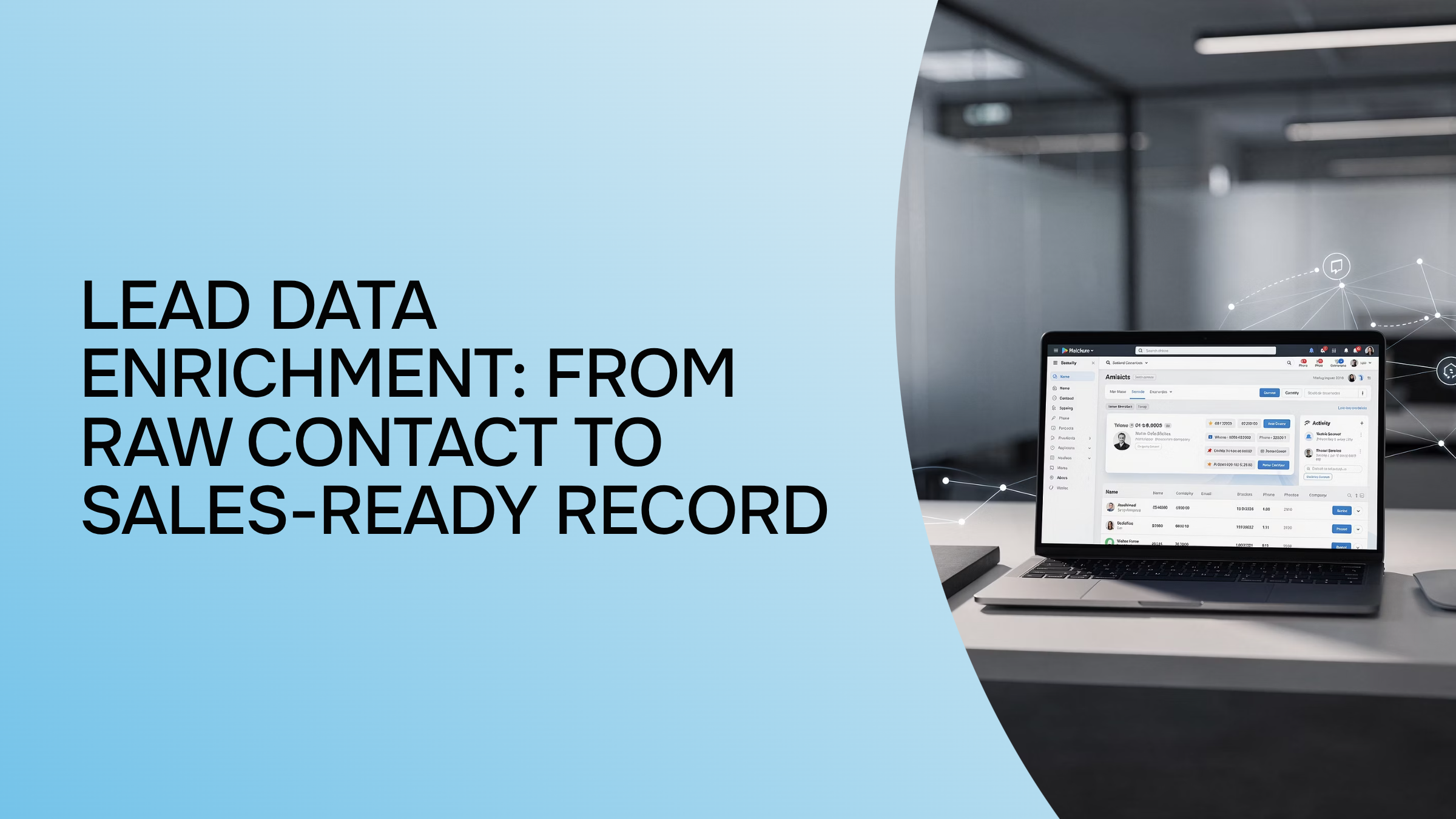 Abstract 3D data cards showing transformation from raw contacts to enriched sales-ready records with verification badges
