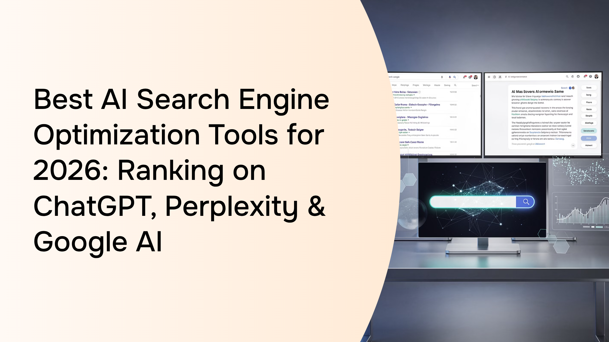 Abstract 3D digital dashboard with glowing nodes and upward trending pathways representing AI search engine optimization tools