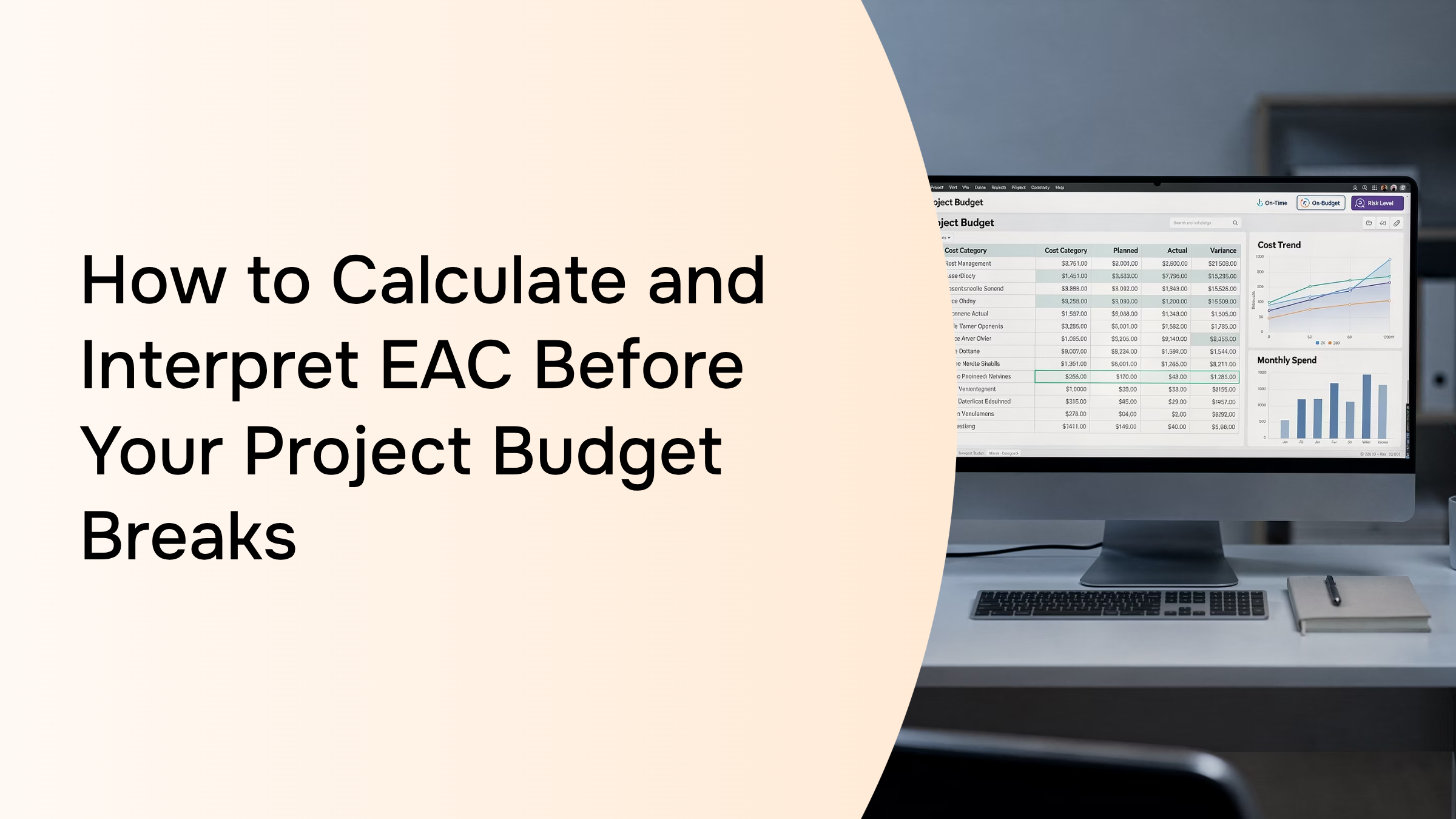 Professional 3D render of project management dashboard displaying EAC budget calculations and financial metrics on modern monitor
