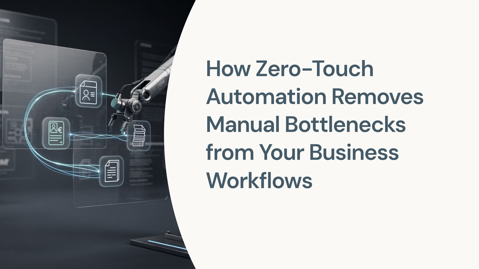 Digital workflow automation visualization with flowing data streams and interconnected nodes representing zero-touch business processes